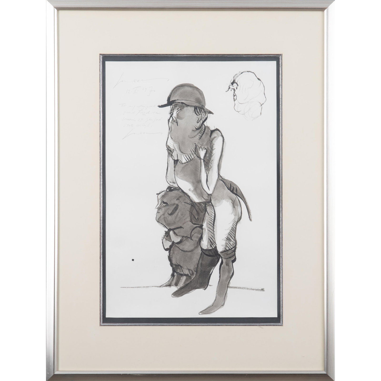 Jose Luis Cuevas (Mexican, 1934-2017).: Jose Luis Cuevas (Mexican, 1934-2017). Untitled (Two Standing Figures), 1970. Wash drawing on paper, signed, dated and with a dedication in pencil, the full sheet, framed. 18 x 12in. (45.7 x 30.5cm/sh