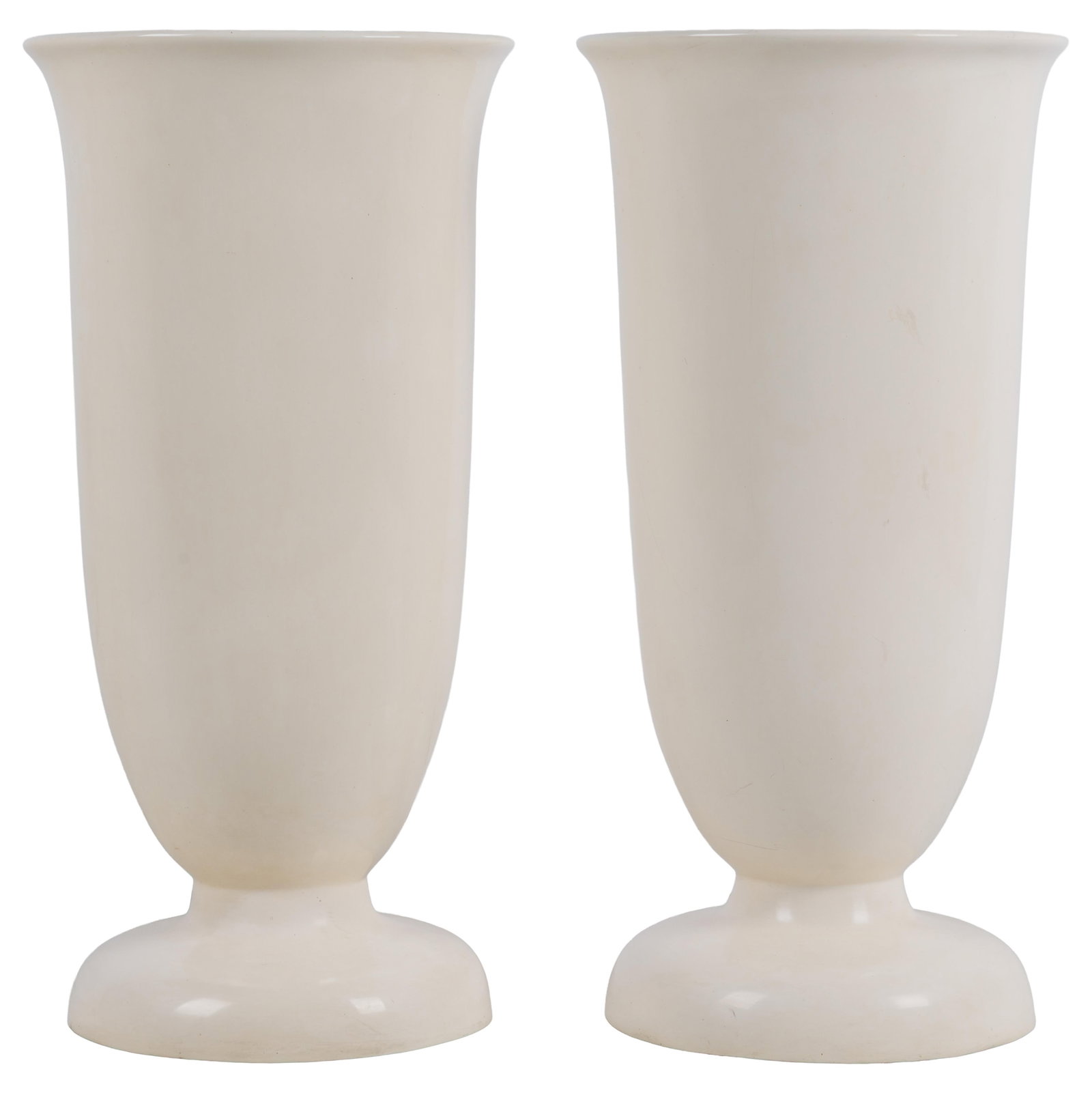 Pair of Lacquered Copper Vases by Robert Kau: Pair of Lacquered Copper Vases by Robert Kau The pair of ivory lacquer over copper, both trumpet form on a round base. 18in (46cm) h. 9in (23cm) d. Chinese artist and designer Robert Kuo is known worl