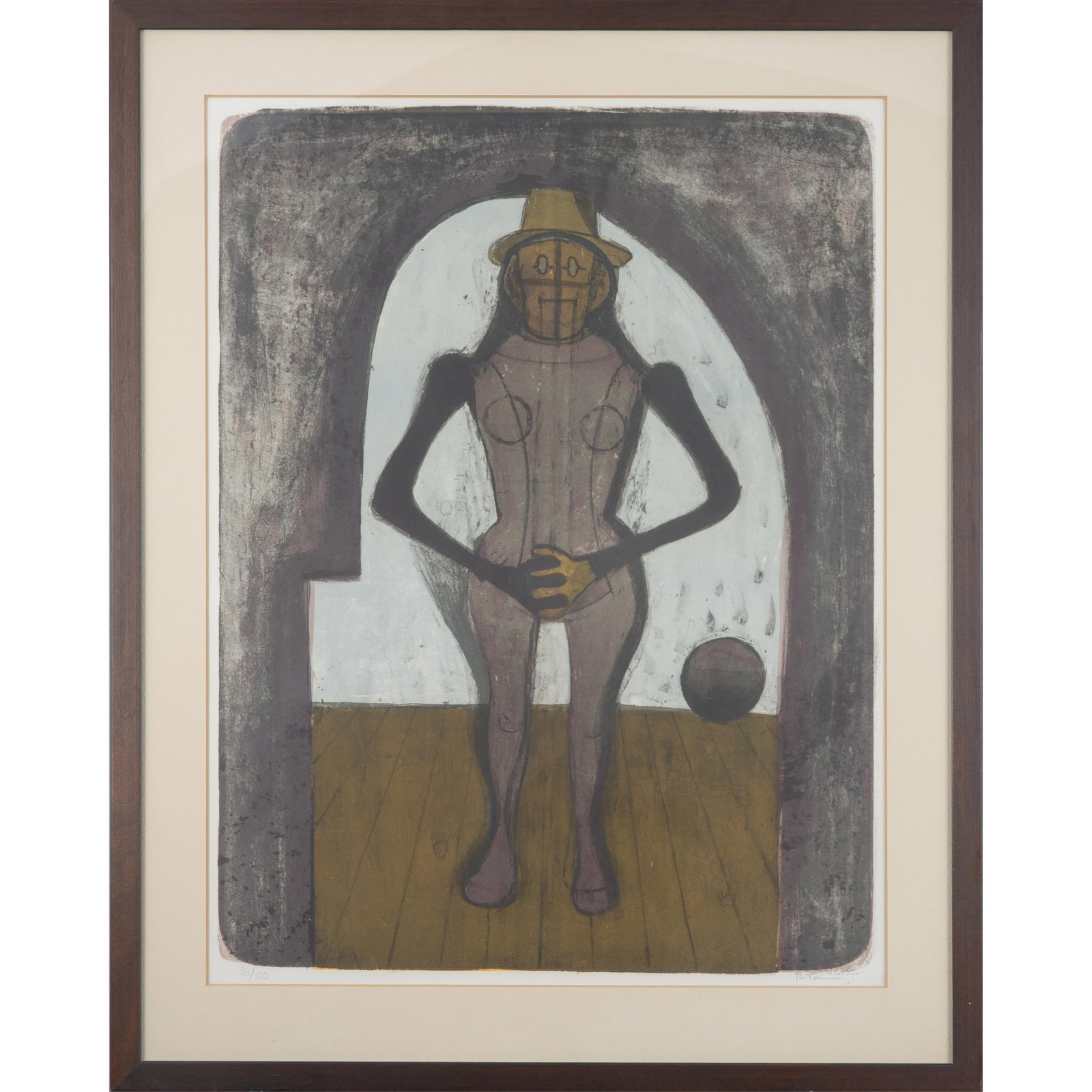 Rufino Tamayo (Mexican, 1899-1991).: Rufino Tamayo (Mexican, 1899-1991). Femme au Collant Rose (Woman with Pink Tights), from Mujeres suite, 1969. Color lithograph on Rives paper, signed in pencil, numbered 33/150, published/printed by