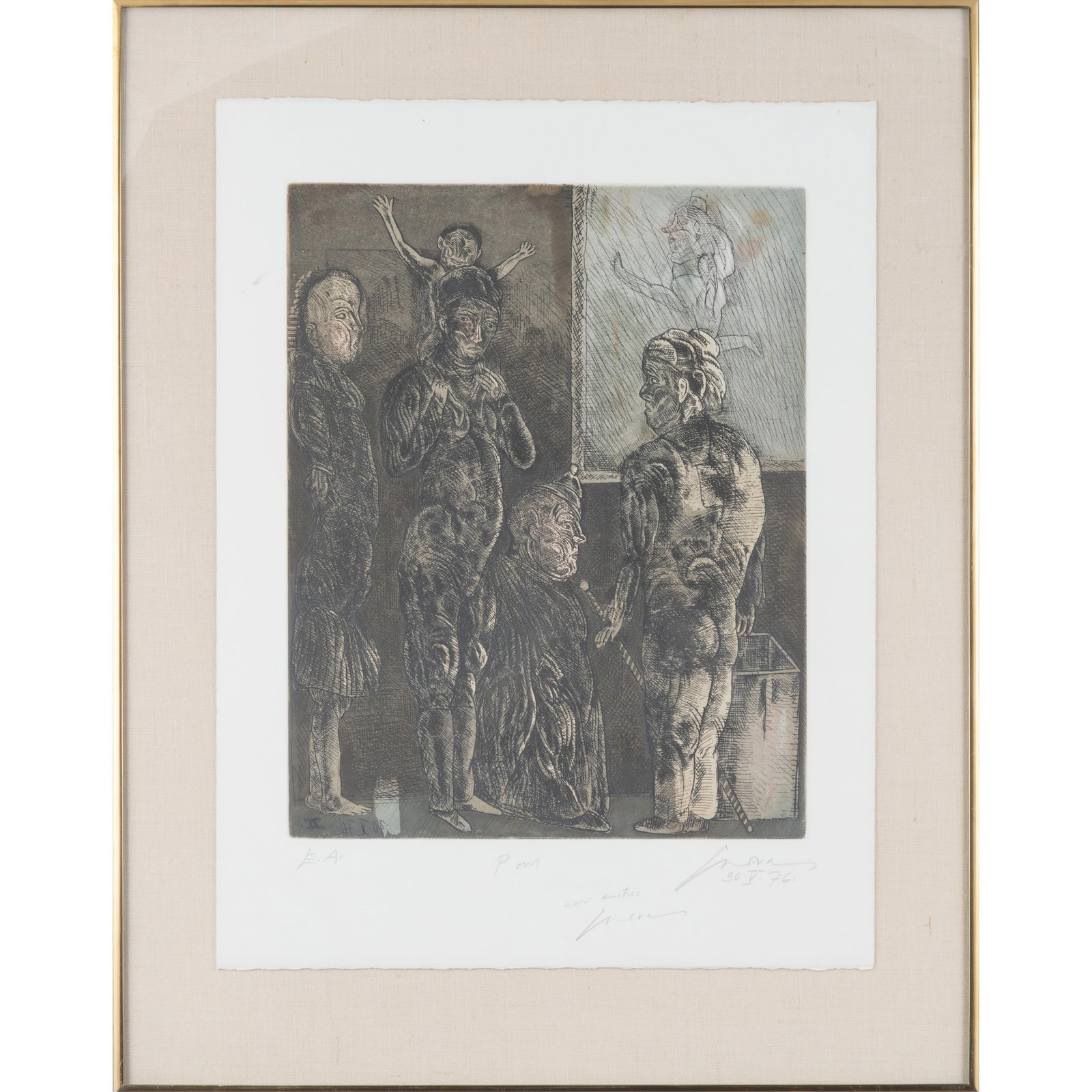 Jose Luis Cuevas (Mexican, 1934-2017).: Jose Luis Cuevas (Mexican, 1934-2017). Circus Performers, 1976. Color etching on wove paper, signed and dated in pencil, annotated 'EA' (aside from the edition of 130), dedicated 'Pour amor amities'