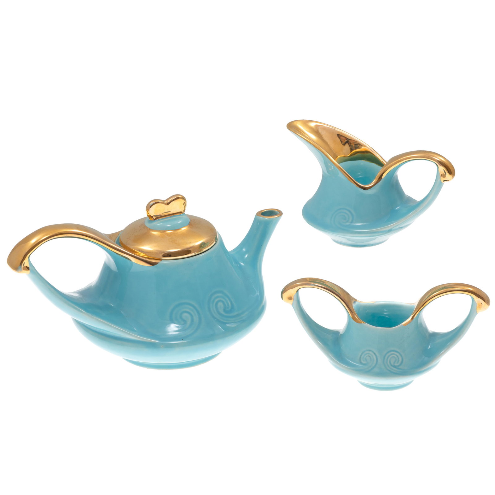 Mid-Century Modern Ceramic Tea Set: Mid-Century Modern Ceramic Tea Set Probably Pearl China Company. The tea pot in the style of Aladdin's lamp with turquoise glaze and gilt lid and handle. 6 1/2in (17cm) h. 10in (26cm) l together with
