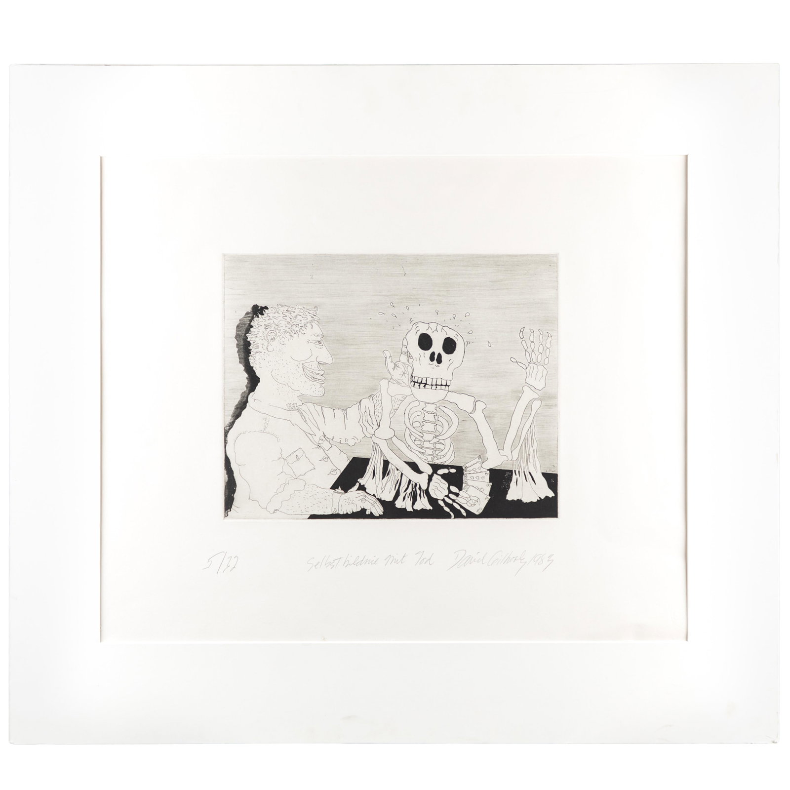 David Gilhooly (American, 1943-2013).: David Gilhooly (American, 1943-2013). Selbstbildnis Mit Tod (Self Portrait with Death), 1983. Etching and aquatint, signed, titled and dated in pencil, numbered 5/32. 21 x 26in. (55 x 67cm). Matted: