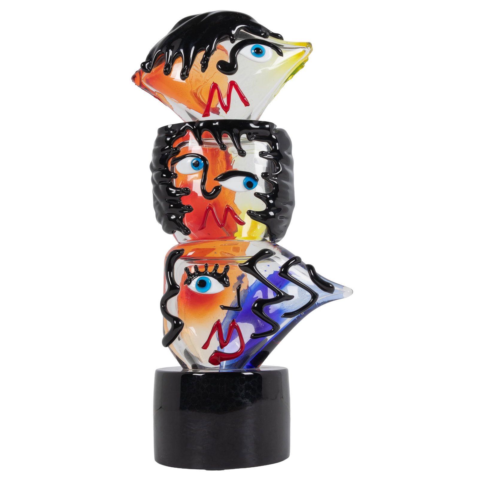 Murano Glass Totem, After Fabio Tagliapietra (Italian 21st century): Murano Glass Totem After Fabio Tagliapietra (Italian 21st century) Three faces expressing various emotions. 27in (69cm) h.