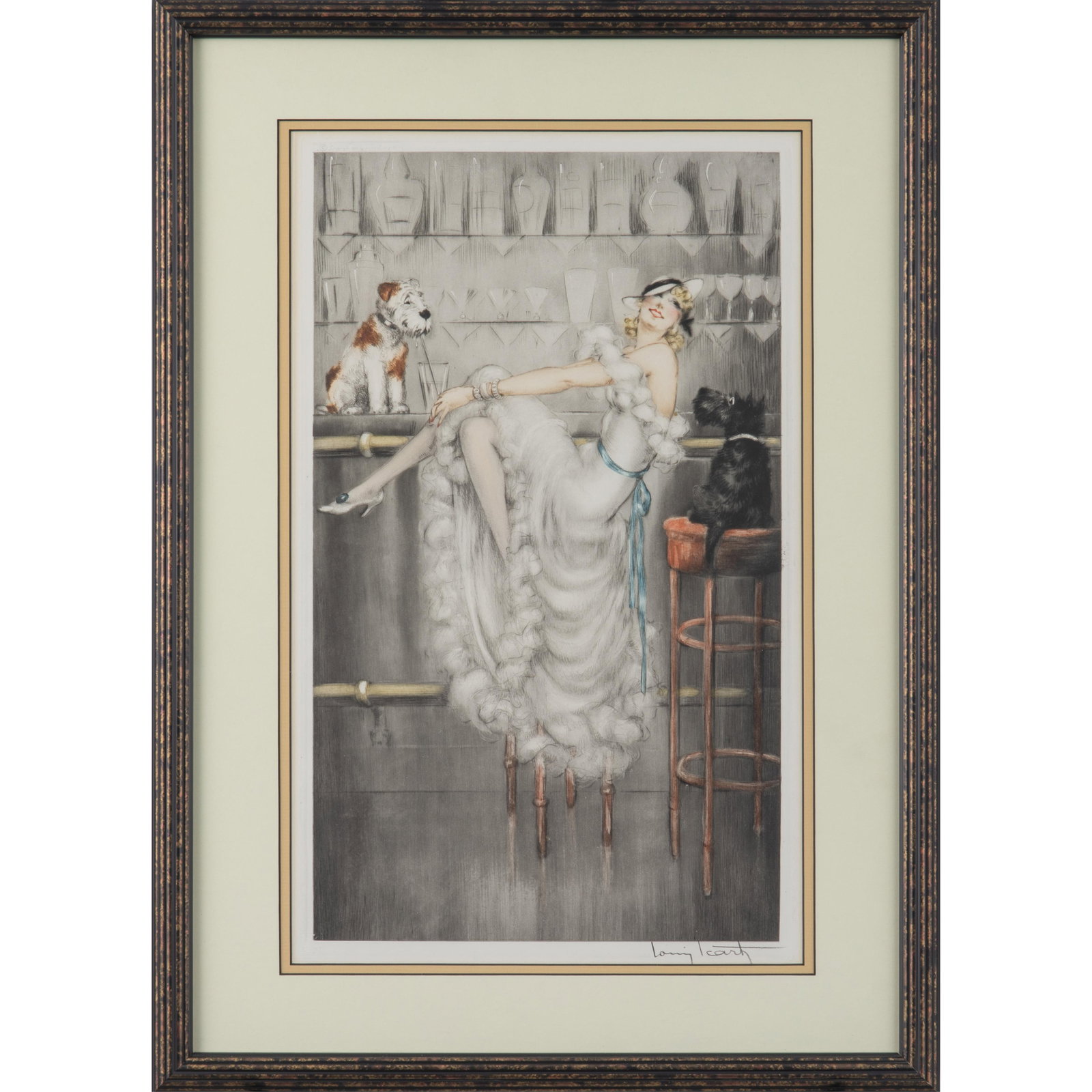 Louis Icart (French, 1888-1950).: Louis Icart (French, 1888-1950). Gay Trio (Au Bar), 1936. Etching and drypoint with touches of hand-coloring on wove paper, signed in pencil, with the artist's blindstamp, copyrighted and dated in