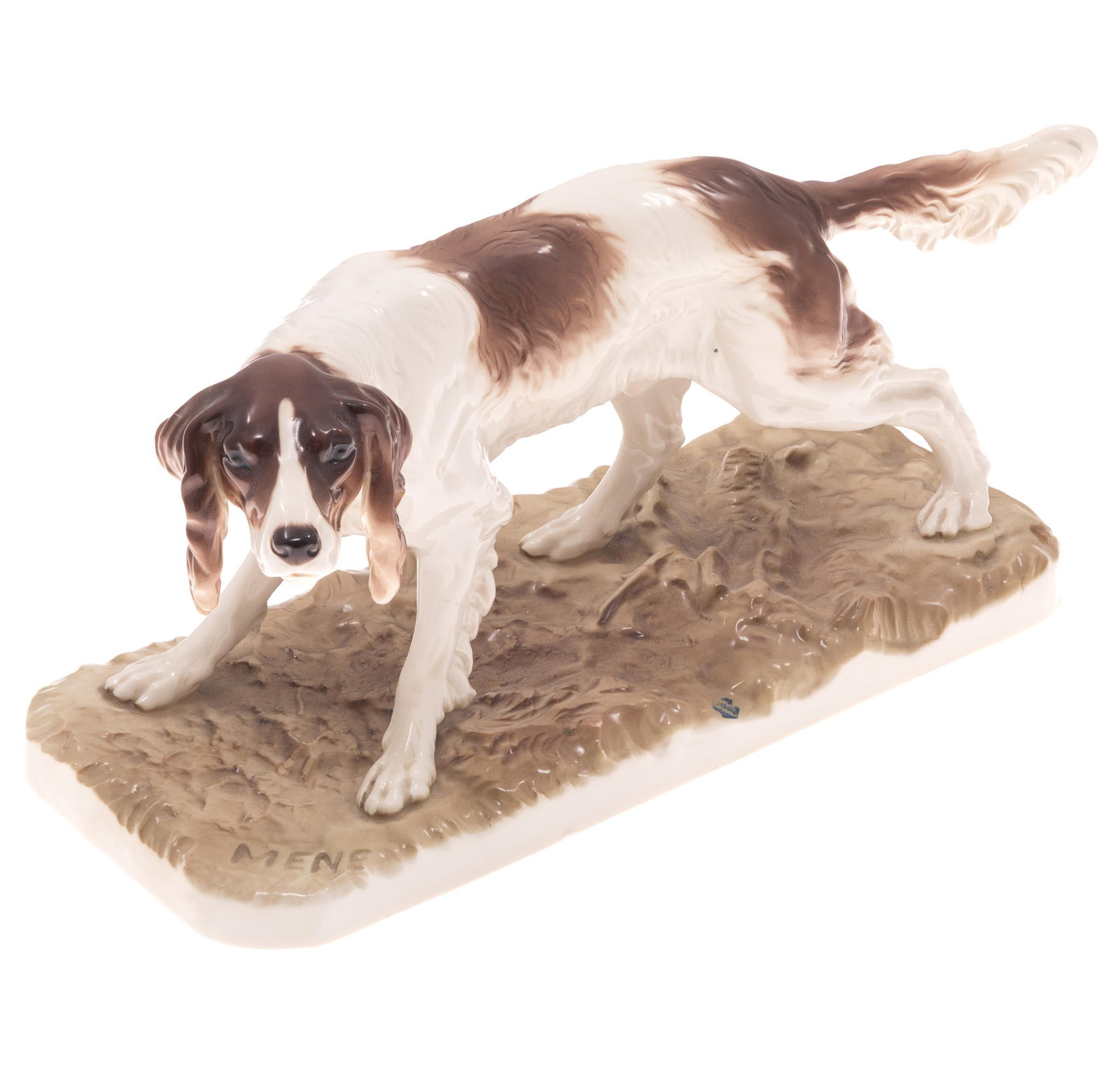 Nymphenburg Porcelain Figure of a Spaniel, Pierre Mene (French 1810-1879): Nymphenburg Porcelain Figure of a Spaniel Pierre Mene (French 1810-1879) Modeled as an alert spaniel. Marked MENE Nymphenburg Model 429 6in (15cm) h. 10in (25cm) l. 4in (10cm) w.