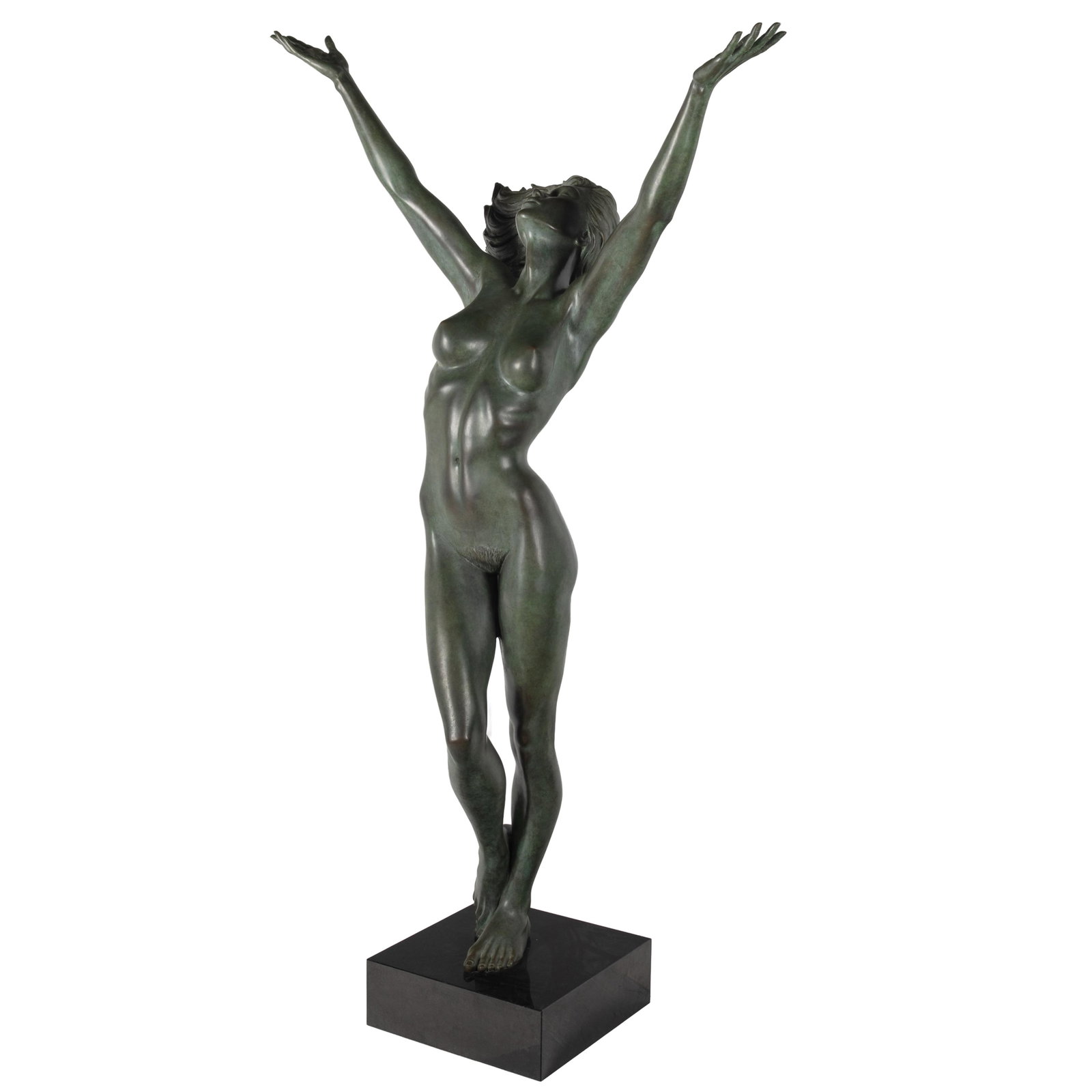 Danielle Anjou (21st Century), Bronze: Danielle Anjou (21st Century) Bronze 'Gratitude' Depicting a nude woman standing contra-posto, head thrown back and arms raised in a gesture of gratitude. 80in (204cm) on a 6in x 18 in plinth.