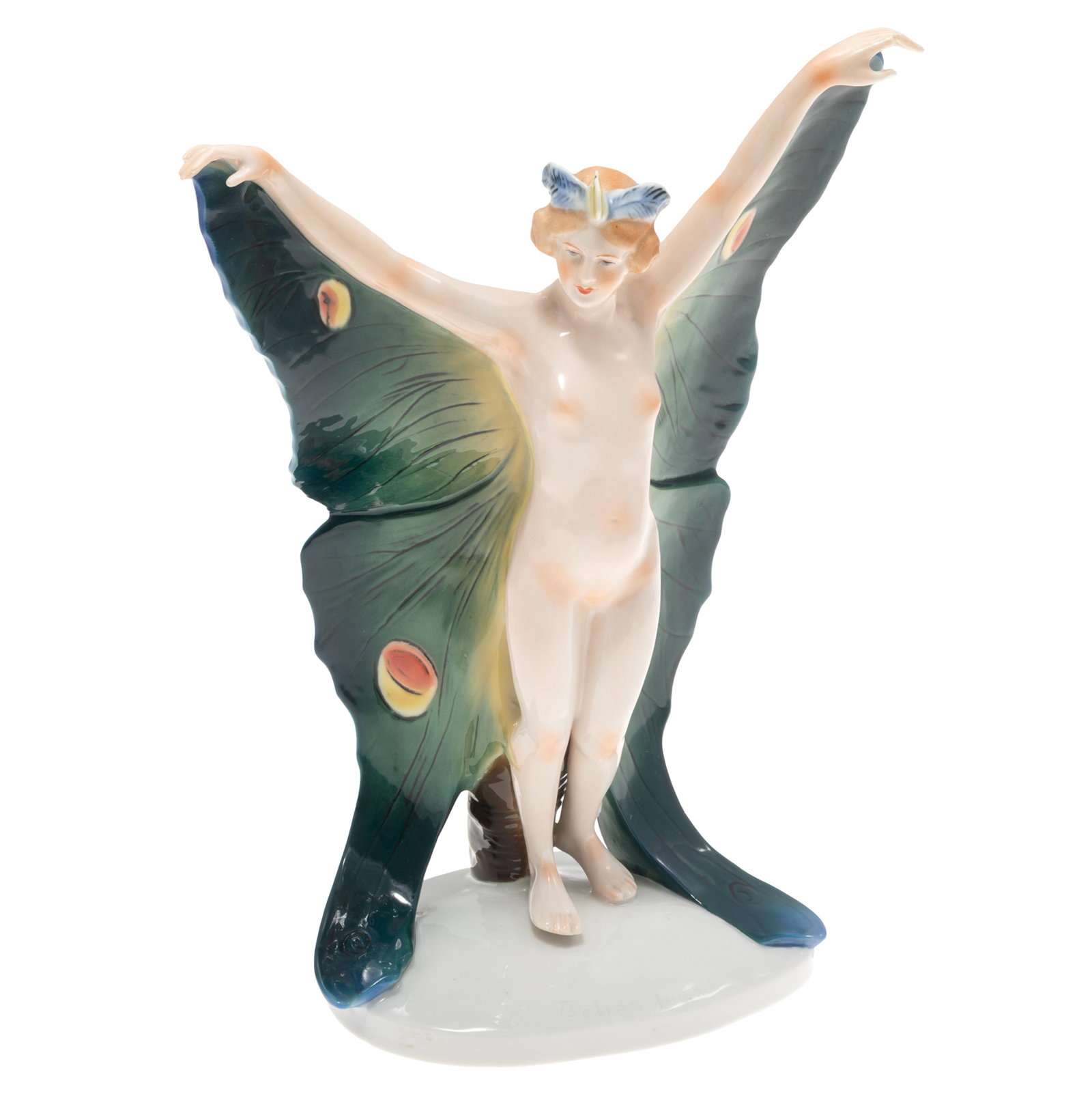 Goldscheider Art Deco Sculpture: Goldscheider Art Deco Sculpture Depicting a nude woman, arms extended with butterfly wings. 11in (28cm) h Condition: Repair at finger (look for pink tape)