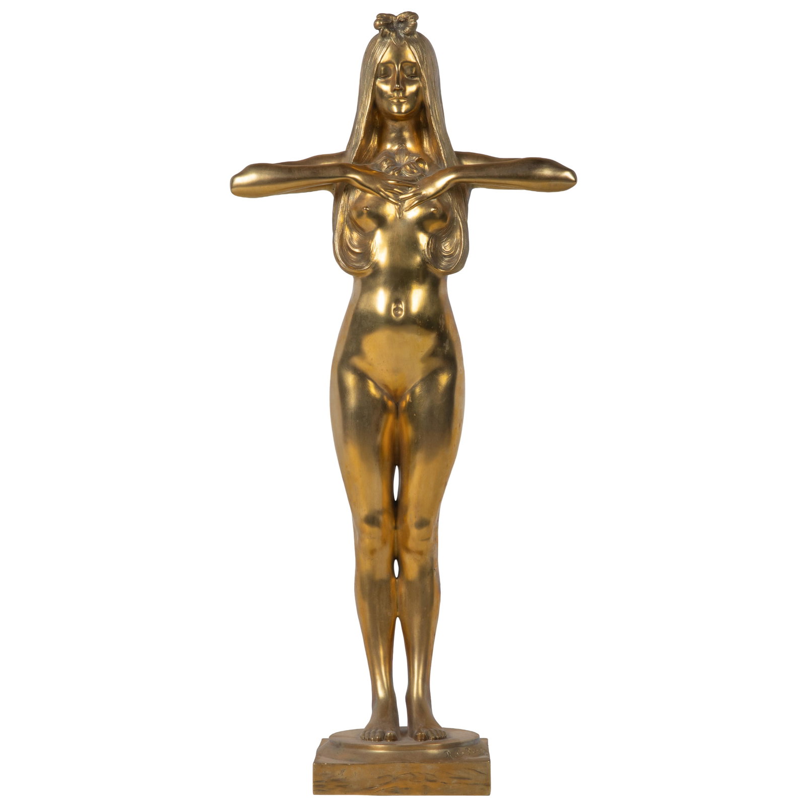 Charles Raphael Peyre (French, 1872-1949), Bronze Sculpture: Charles Raphael Peyre (French, 1872-1949) Bronze Sculpture Depicting a standing woman with long hair draping over her shoulders and breasts holding a lily. Signed on base. 26in (66cm) h.