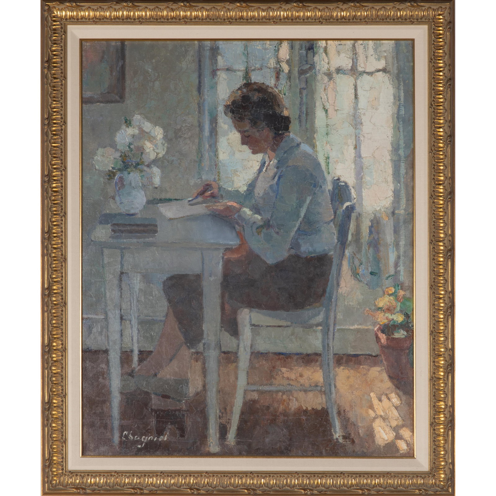 British Artist, 20th Century.: British Artist, 20th Century. Woman at Her Writing Desk. Oil on canvas, bears indistinct signature (lower left), framed. 32 x 25in. (81 x 65cm). 38 x 31in. (96 x 79cm/frame).