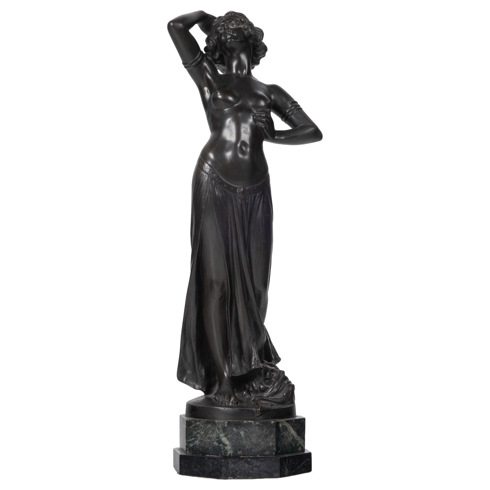 Art Deco Bronze: Art Deco Bronze Figure of a woman with bobbed hair, clothed in a loose skirt. Indistinct stamp ...tesch on stepped marble base 22in (56cm) h.