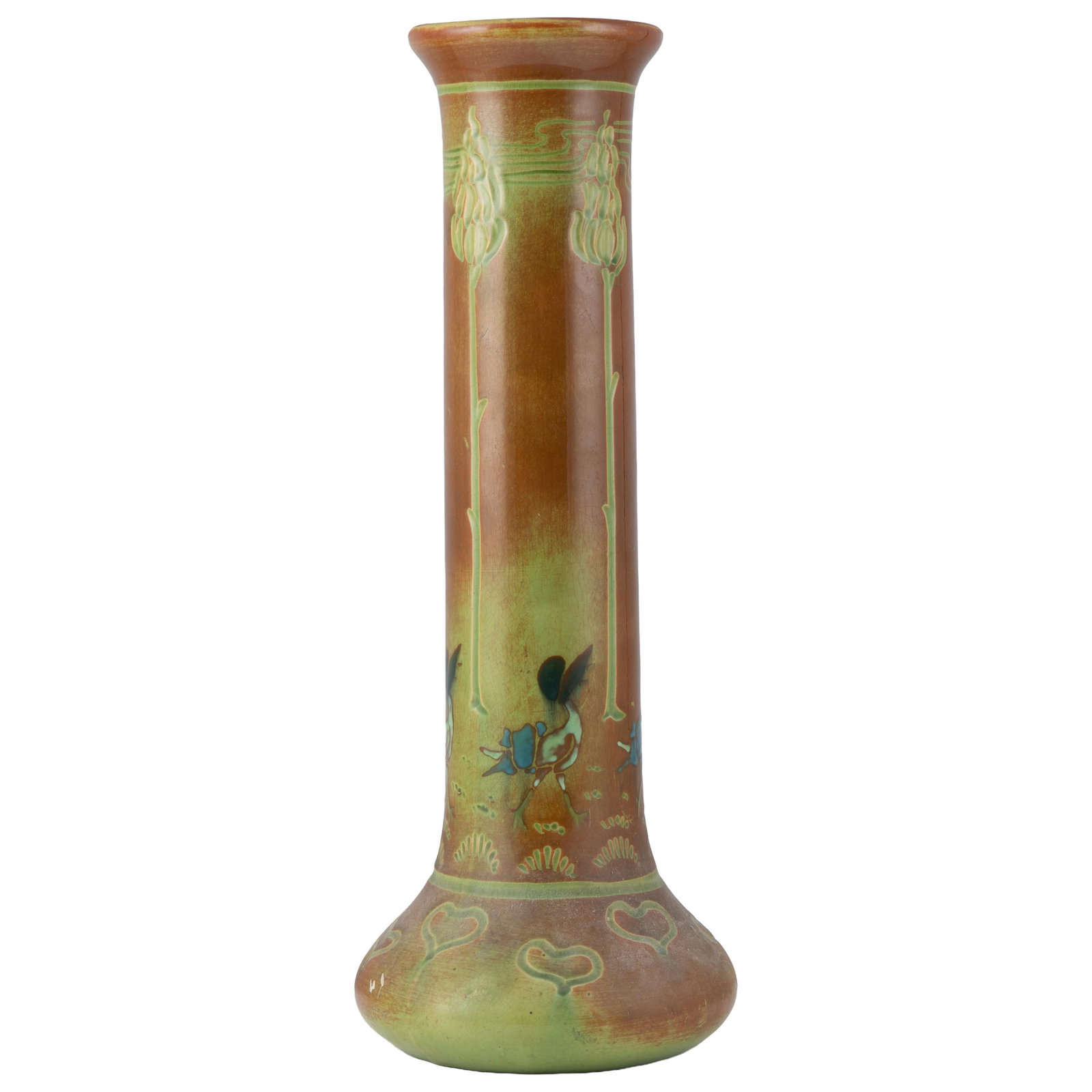 Weller Reade Faience Vase: Weller Reade Faience Vase Early 20th century. The tall vase decorated with plumed flowers on thorny stems and purple headed birds above the ovoid base decorated with incised hearts. Incised on base;