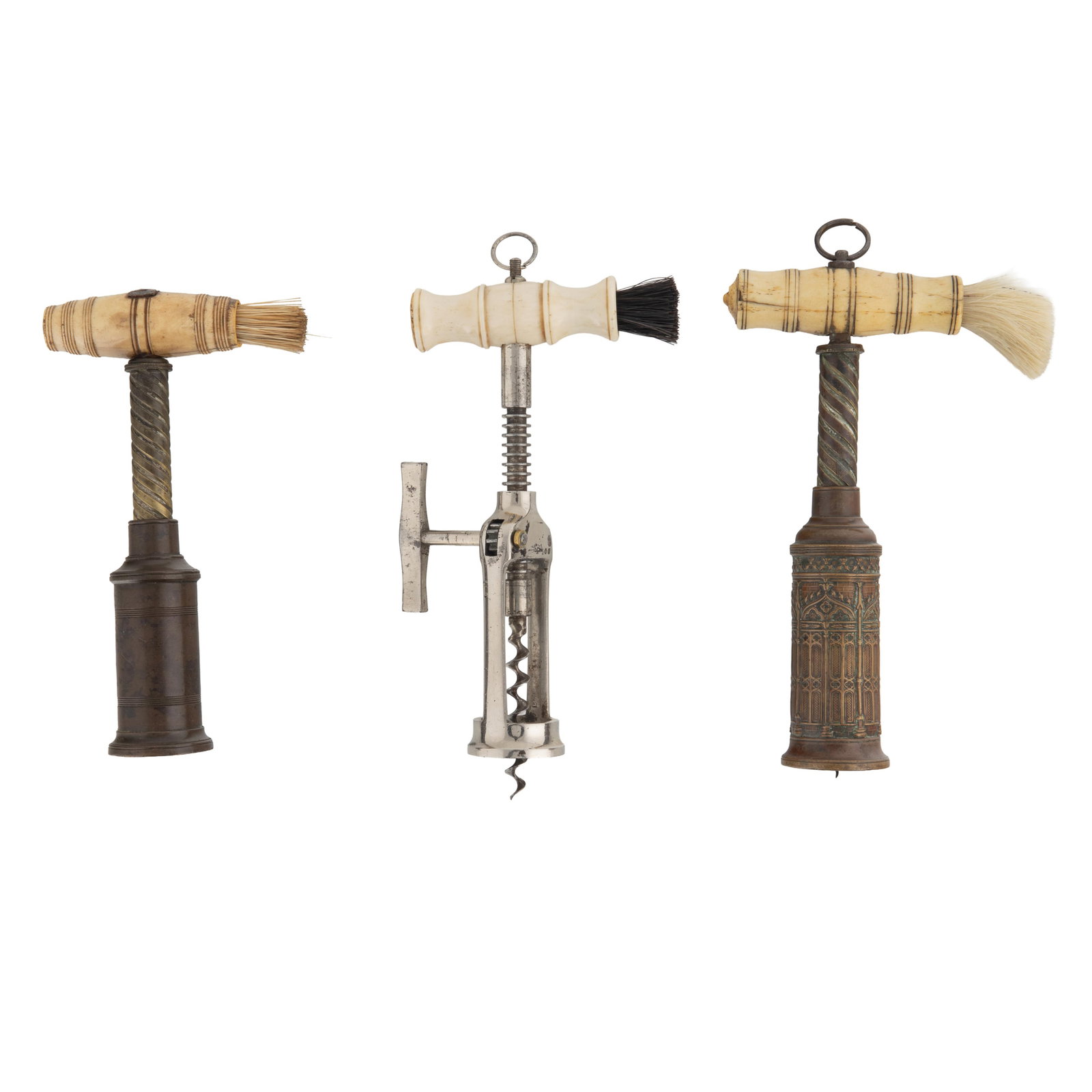 Three Vintage Corkscrews: Three Vintage Corkscrews Including: Thomason type with cast gothic barrel, with barrel shaped bone handle and brush. London Rack Mechanical (rack and pinion winding mechanism) Corkscrew with bone