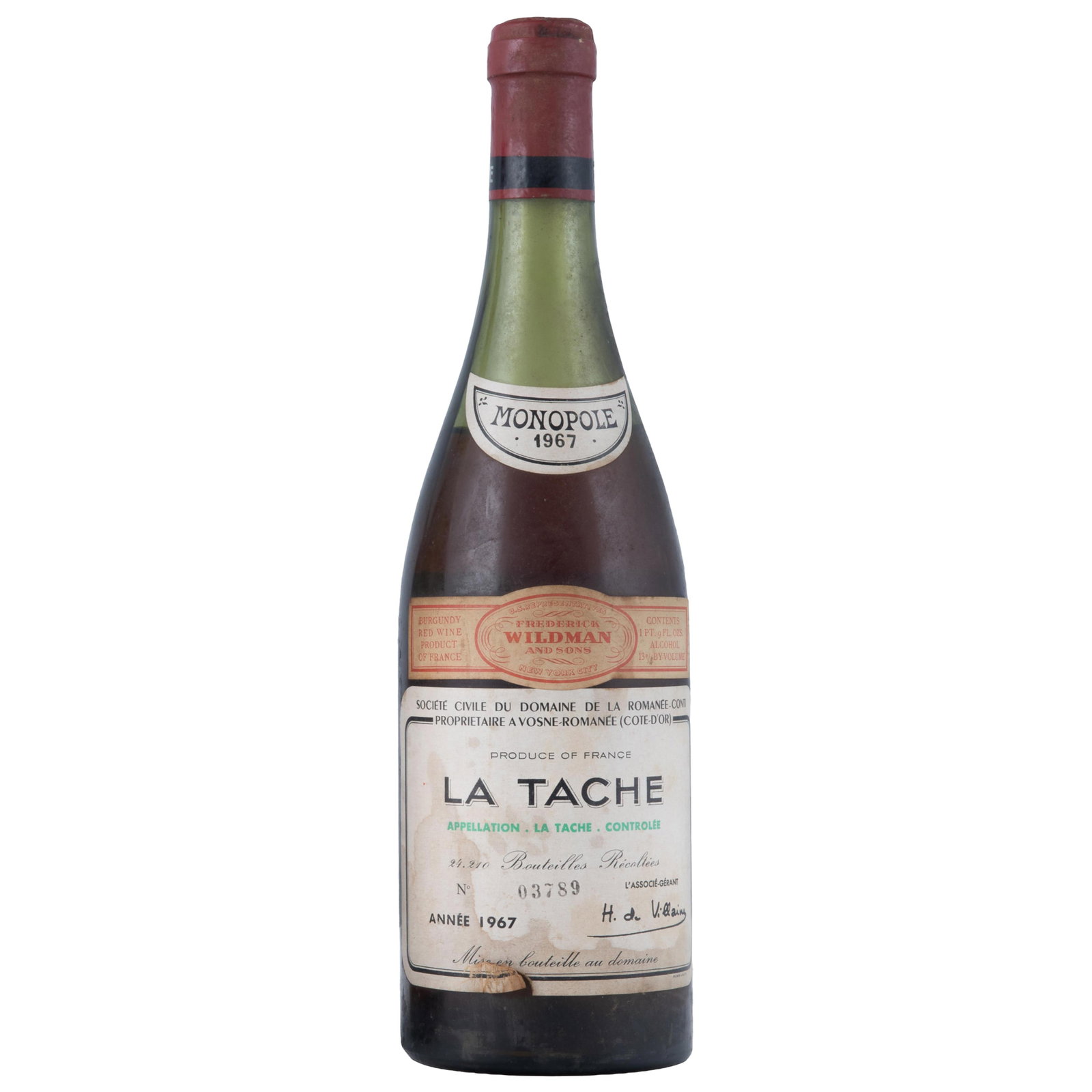 Domaine de la Romanee-Conti La Tache Grand Cru Monopole 1964: Domaine de la Romanee-Conti La Tache Grand Cru Monopole 1964 Cote de Nuits, France 1 bottle (75cl.) per lot No. 22514. Visually inspected by Leslie Hennessy, wine merchant 41 years in SF and Host of '