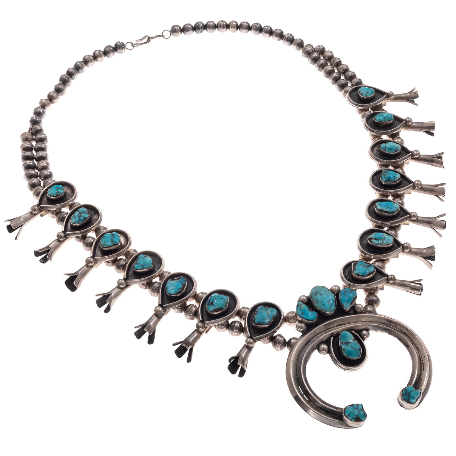 Navajo Turquoise, Sterling Silver Squash Blossom Necklace, Philip Tso (1 of 4)