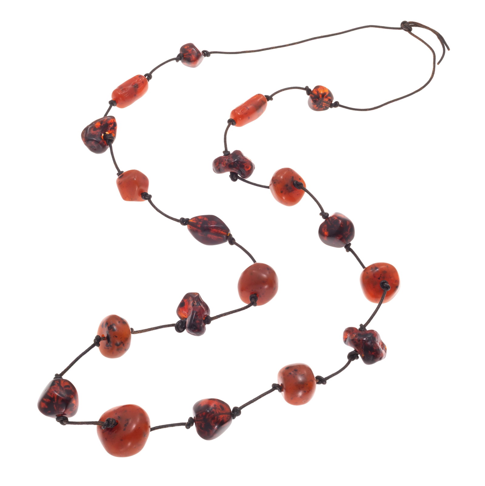 Amber Bead Necklace: Amber Bead Necklace Composed of nineteen amber beads measuring from approximately 30.0 x 29.0 mm to 18.0 x 17.0 mm, knotted on black leather cord, 50 inches. Gross weight: 109.8 grams.