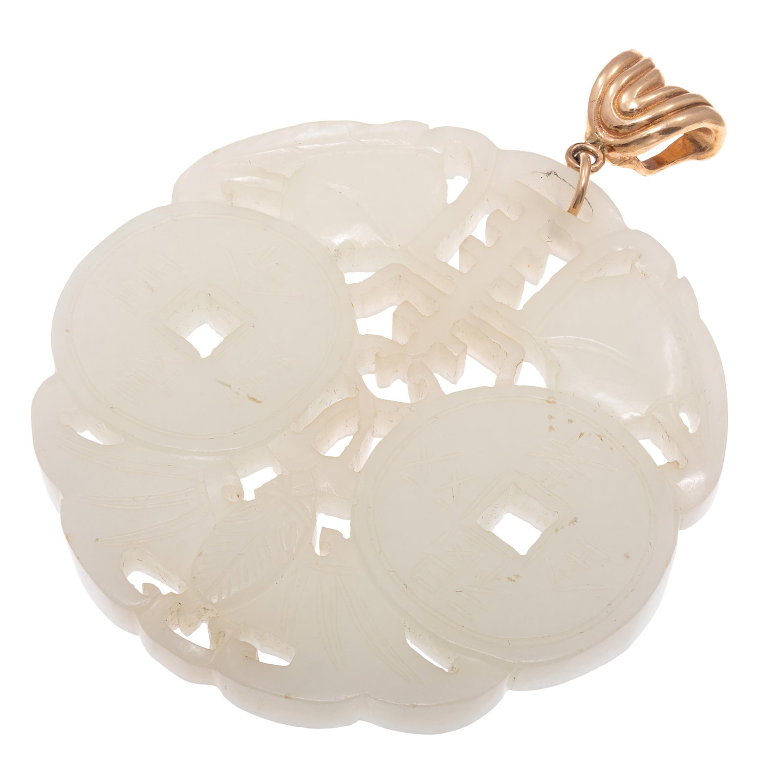 Jade, 14k Yellow Gold Pendant: Jade, 14k Yellow Gold Pendant The circular jade plaque carved and pierced as a bat with coins and peaches, measuring approximately 57.2 x 56.3 mm, suspended by a 14k yellow gold pendant mounting. Gros
