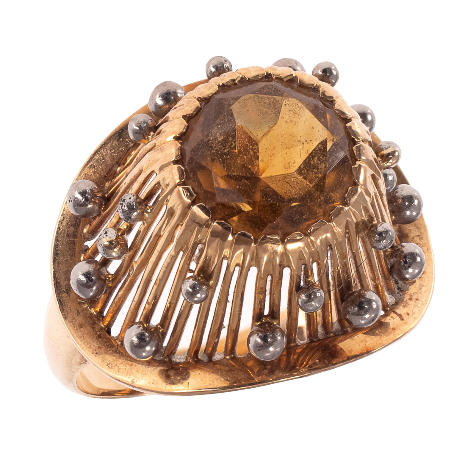 Swedish Modernist Citrine, 18k Ring, Atelje Stigbert: Swedish Modernist Citrine, 18k Ring, Atelje Stigbert Featuring one round citrine measuring approximately 8.0 mm, set in a ribbed, openwork gallery adorned with applied silver-tone spheres, set in an 1