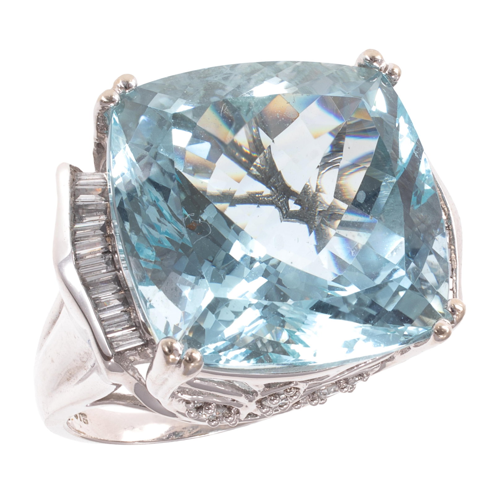 Aquamarine, Diamond, 14k White Gold Ring: Aquamarine, Diamond, 14k White Gold Ring Featuring one cushion-shaped aquamarine weighing approximately 36.00 cts., accented by baguette and round brilliant-cut diamonds weighing a total of approximat