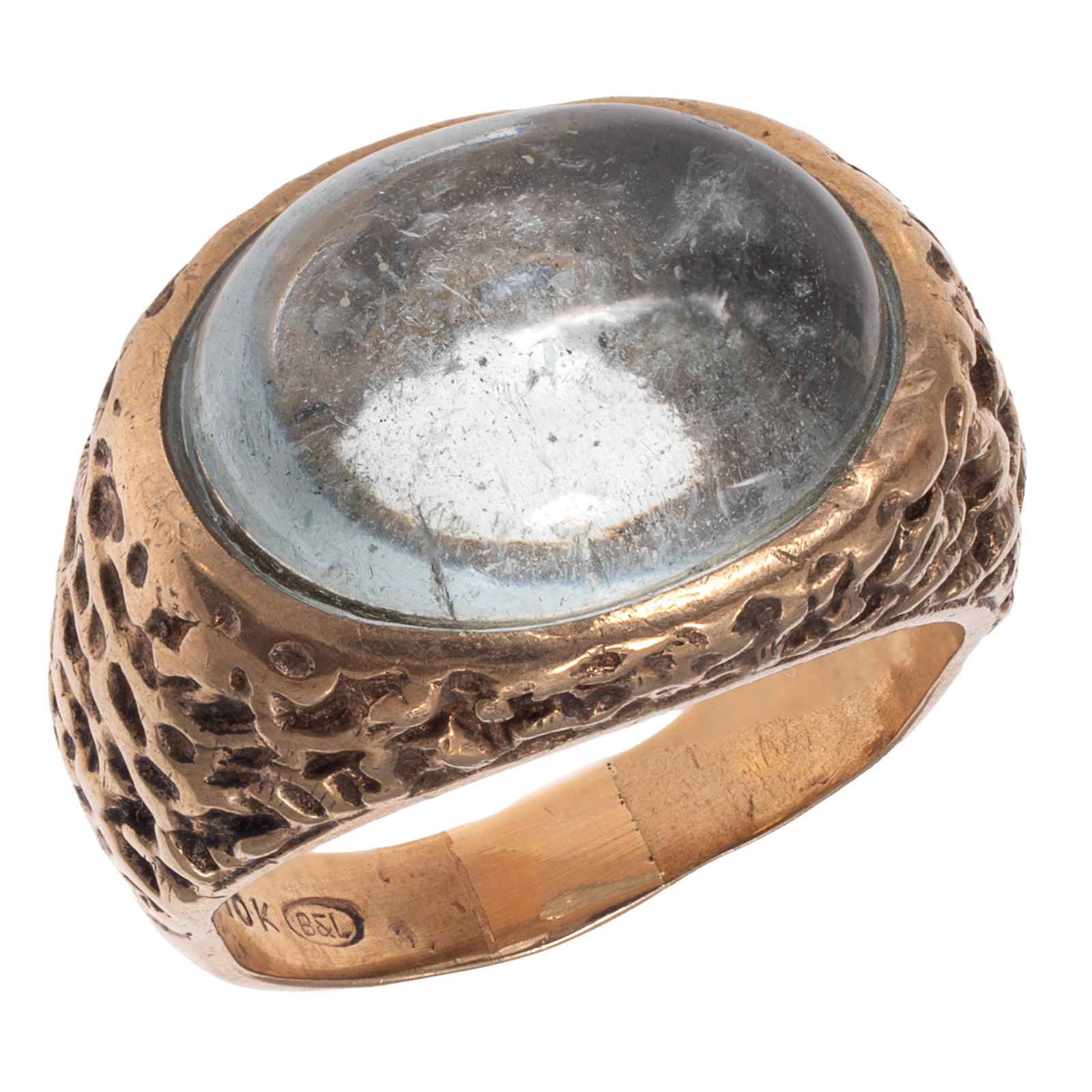Aquamarine, 10k Yellow Gold Ring: Aquamarine, 10k Yellow Gold Ring Featuring an oval aquamarine cabochon measuring approximately 15.33 x 12.45 mm, set in at textured, 10k yellow gold ring mounting, size 7 1/2. Gross weight: 10.9 grams