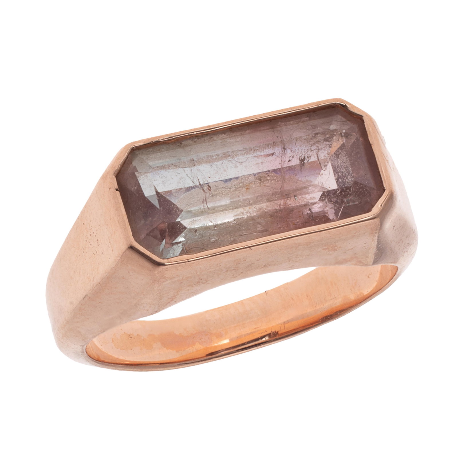 Tourmaline, 14k Rose Gold Ring: Tourmaline, 14k Rose Gold Ring Featuring one rectangular step-cut bi-colored tourmaline weighing approximately 3.15 ct., set in a 14k rose gold ring mounting, size 7 1/4. Gross weight: 8.5 grams.