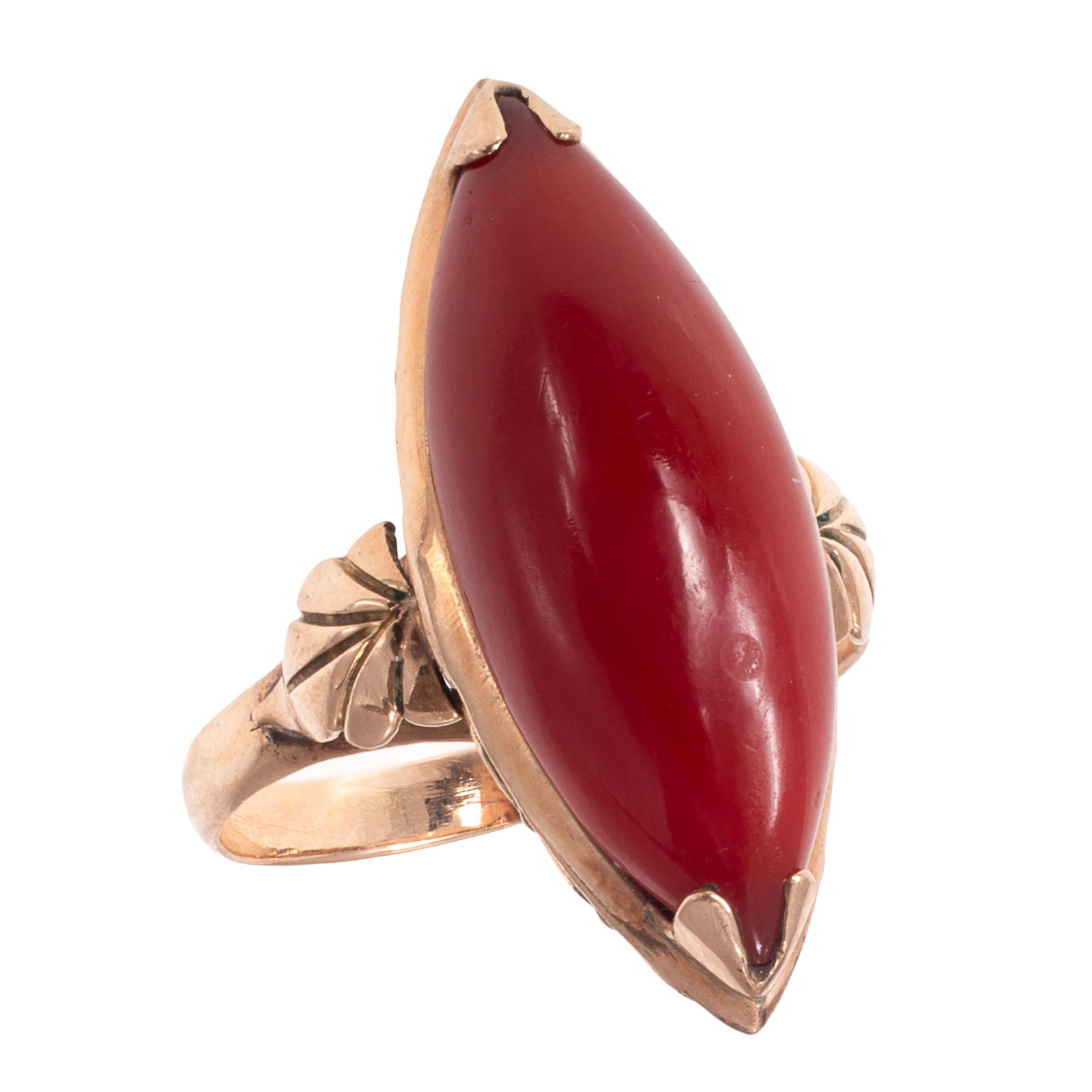Coral, 14k Rose Gold Ring: Coral, 14k Rose Gold Ring Featuring a navette-shape coral cabochon measuring approximately 20.5 x 8.6 mm, set in a 14k rose gold ring mounting, size 5 1/2. Gross weight: 3.6 grams.