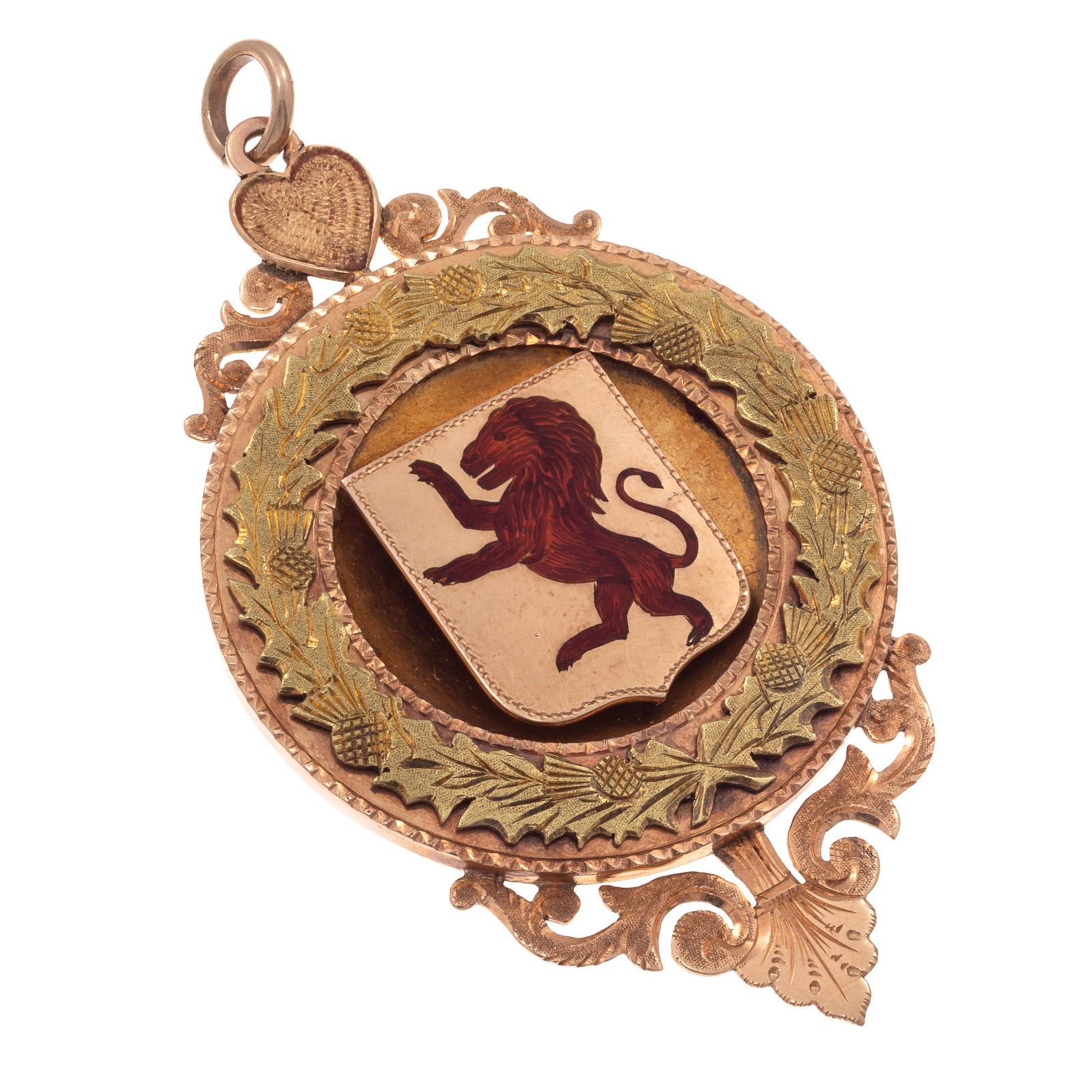 Enamel, 14k Rose, Green and Yellow Gold Badge Pendant, Braxmar: Enamel, 14k Rose, Green and Yellow Gold Badge Pendant, Braxmar Centering a Scottish heraldic lion highlighted by red enamel, framed by a wreath of green gold thistles and set in a 14k rose and yellow