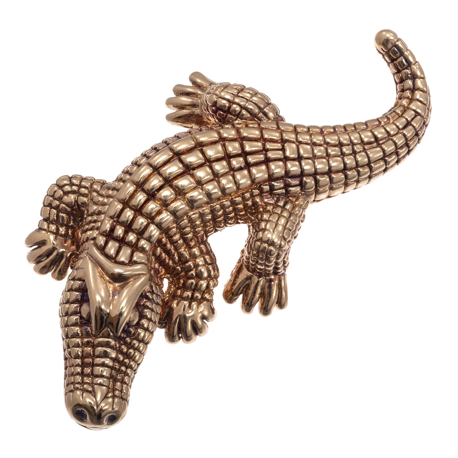 14k Yellow Gold Alligator Pin, Carla: 14k Yellow Gold Alligator Pin, Carla Designed as an alligator, the textured 14k yellow gold pin measuring approximately 2.10 x 1.05 inches. Marked: 'Carla, 14k.' Gross weight: 7.9 grams.