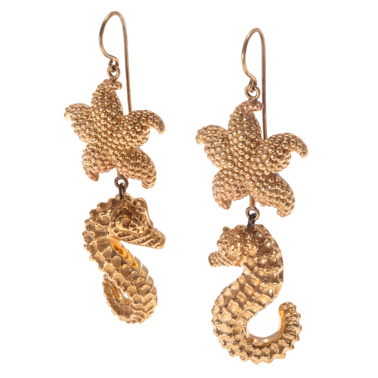 Pair of Yellow Gold Sea Life Earrings: Pair of Yellow Gold Sea Life Earrings Each featuring a textured, 14k yellow gold starfish, suspending an 18k yellow gold seahorse, forming earrings measuring approximately 2.70 x 0.90 inches. Gross