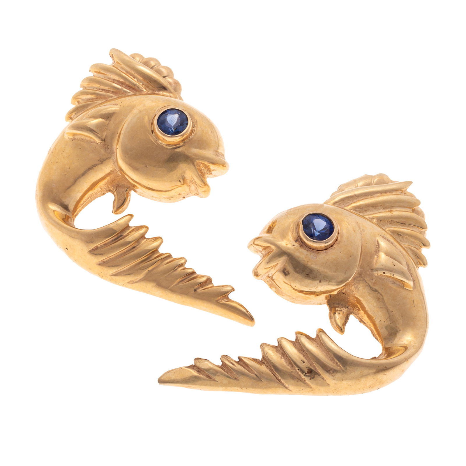 Pair of Sapphire, 14k Whimsical 'Fish' Earrings: Pair of Sapphire, 14k Whimsical 'Fish' Earrings Each designed as a fish, the eye one round-cut sapphire measuring approximately 3.0 mm, set in a 14k yellow gold, post-style earring mounting measuring