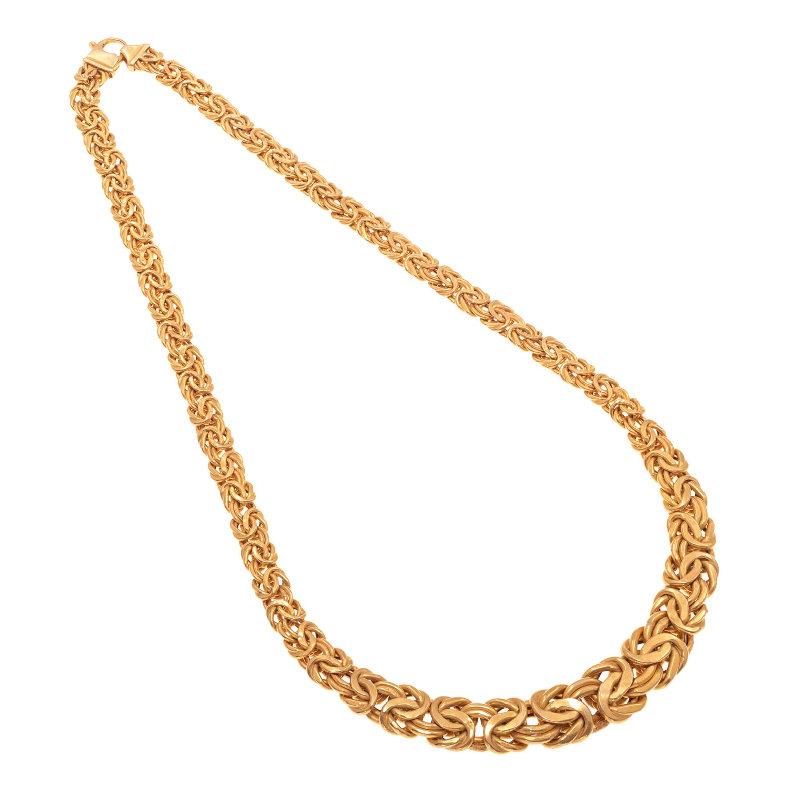 14k Yellow Gold Byzantine Neck Chain: 14k Yellow Gold Byzantine Neck Chain The 14k yellow gold Byzantine links, measuring from approximately 11.0 to 6.8 mm, completed by a lobster claw clasp forming a 17 1/4 inch necklace. Gross weight:
