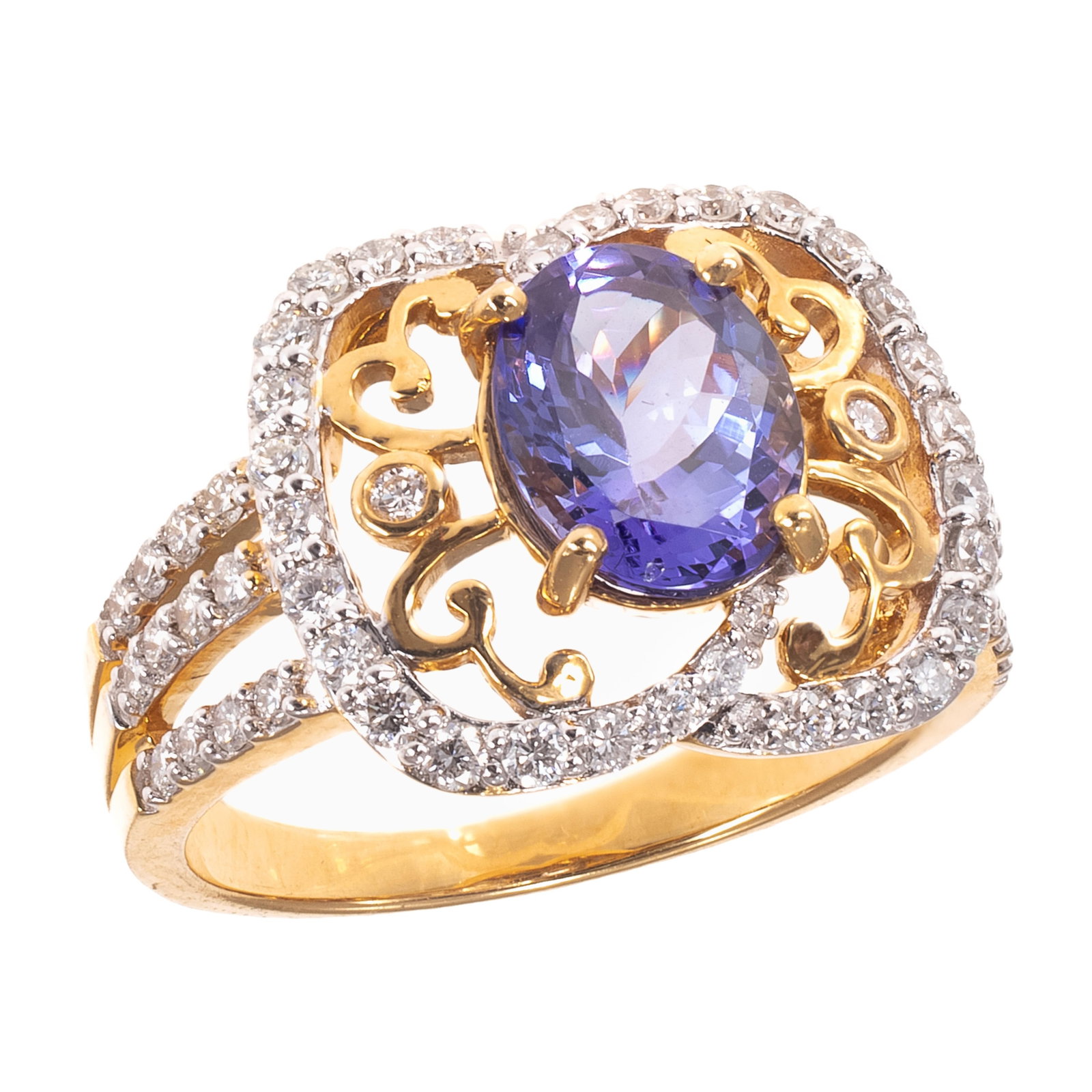 Tanzanite, Diamond, 18k Yellow Gold Ring: Tanzanite, Diamond, 18k Yellow Gold Ring Centering one oval-cut tanzanite weighing approximately 1.90 ct., highlighted by fifty-six round brilliant-cut diamonds weighing a total of approximately 0.82