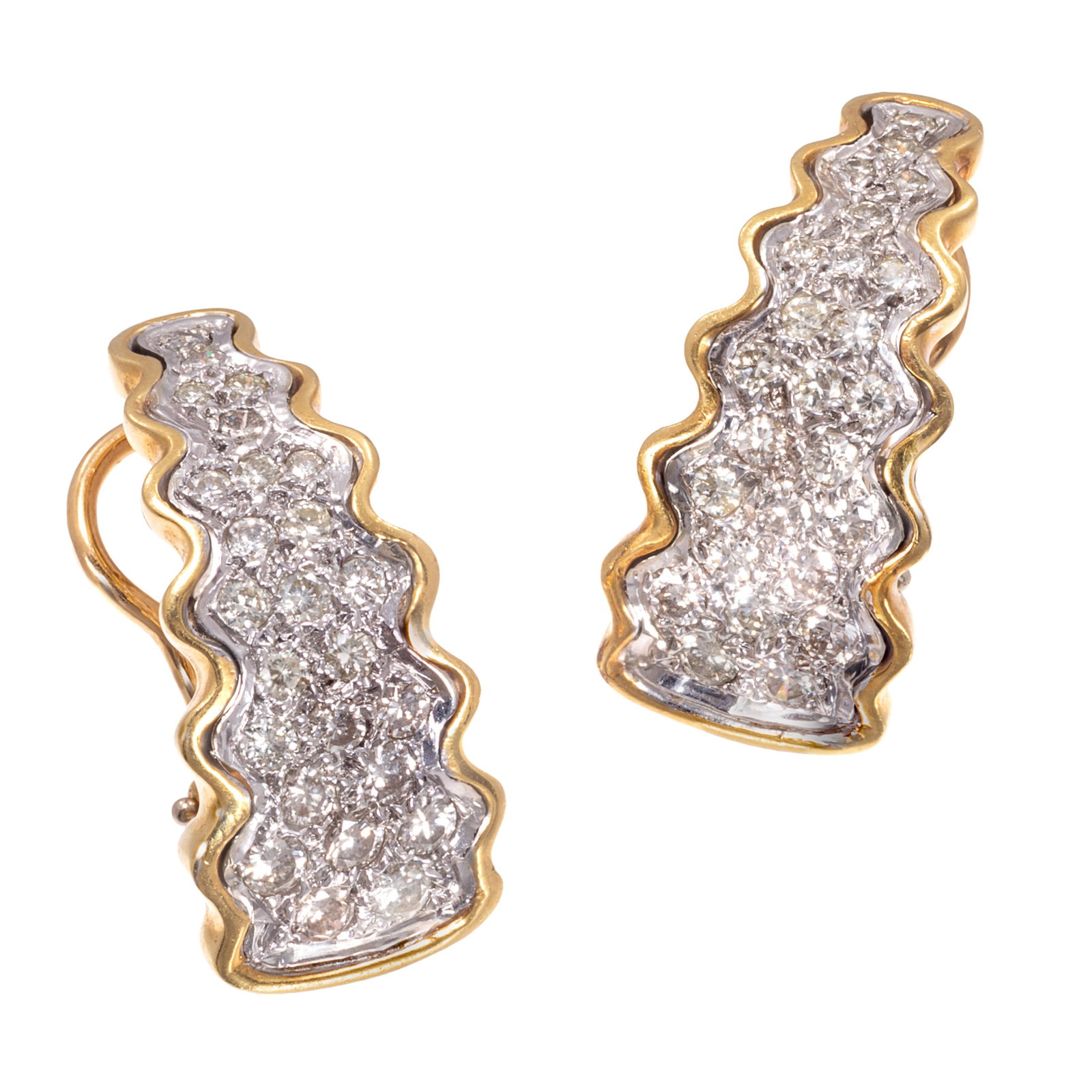 Pair of Diamond, 18k White and Yellow Gold Earrings: Pair of Diamond, 18k White and Yellow Gold Earrings Each featuring twenty-five round brilliant-cut diamonds weighing a total of approximately 0.75 cttw., set in an 18k white and yellow gold earring