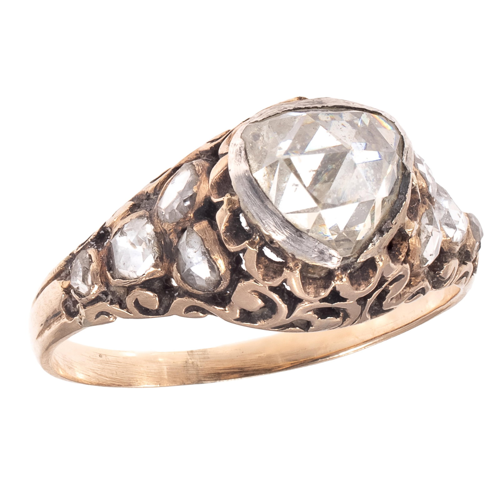 Diamond, 14k Yellow Gold Ring: Diamond, 14k Yellow Gold Ring Centering one rose-cut diamond measuring approximately 6.52 x 6.08 mm, accented by eight rose-cut diamonds, set in an openwork, 14k yellow gold ring mounting, size 6