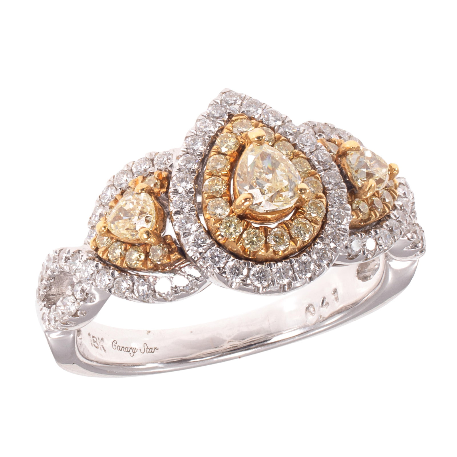 Colored Diamond, Diamond, 18k White Gold Ring, Canary Star: Colored Diamond, Diamond, 18k White Gold Ring, Canary Star Featuring three pear-shape yellow diamonds weighing a total of approximately 0.41 cttw., accented by seventy round brilliant-cut diamonds