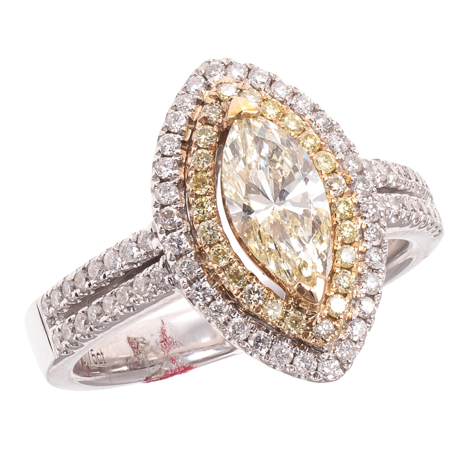 Diamond, Colored Diamond, 18k White Gold Ring: Diamond, Colored Diamond, 18k White Gold Ring Centering one marquise-shape yellow diamond weighing approximately 0.75 ct., accented by round brilliant-cut diamonds and yellow diamonds weighing a