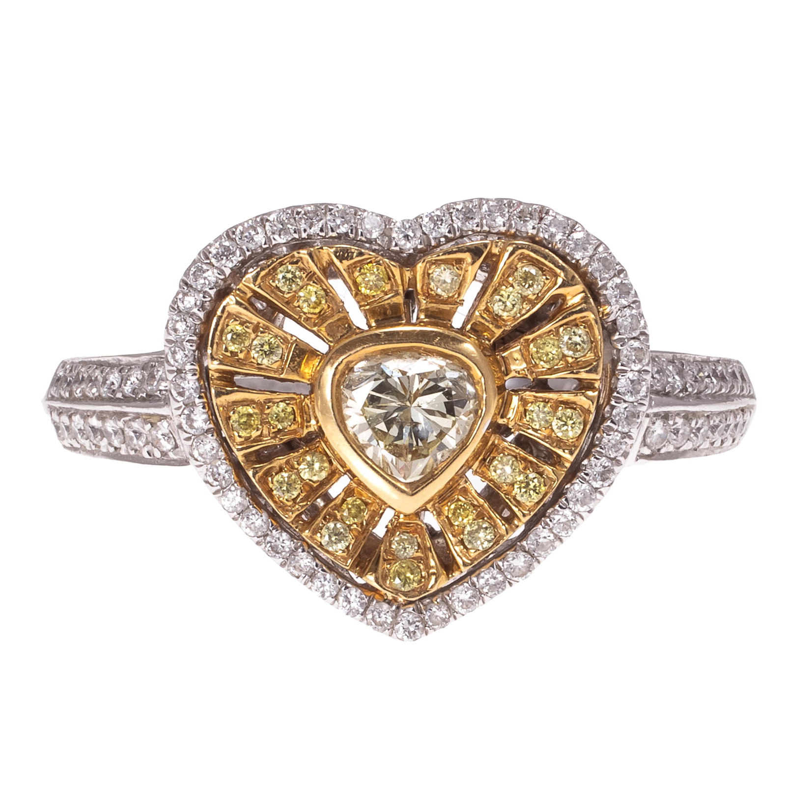 Diamond, Colored Diamond, 18k Ring: Diamond, Colored Diamond, 18k Ring Centering a heart-shape diamond weighing approximately 0.30 ct., accented by ninety-six round brilliant-cut diamonds and yellow diamonds weighing a total of