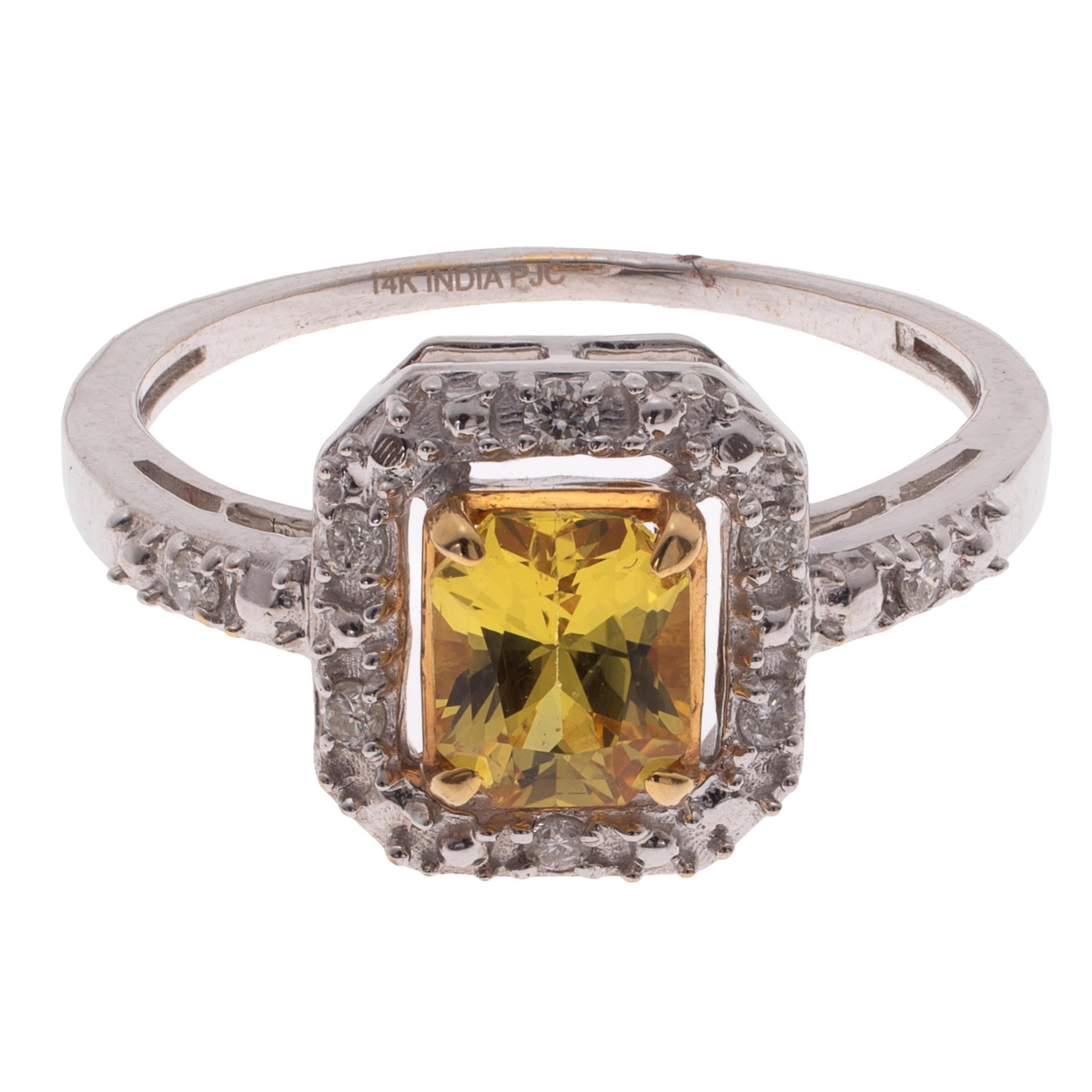 Yellow Sapphire, Diamond, 14k White Gold Ring: Yellow Sapphire, Diamond, 14k White Gold Ring Centering one cushion-shape yellow sapphire weighing approximately 0.95 ct., accented by eight round brilliant-cut diamonds weighing a total of