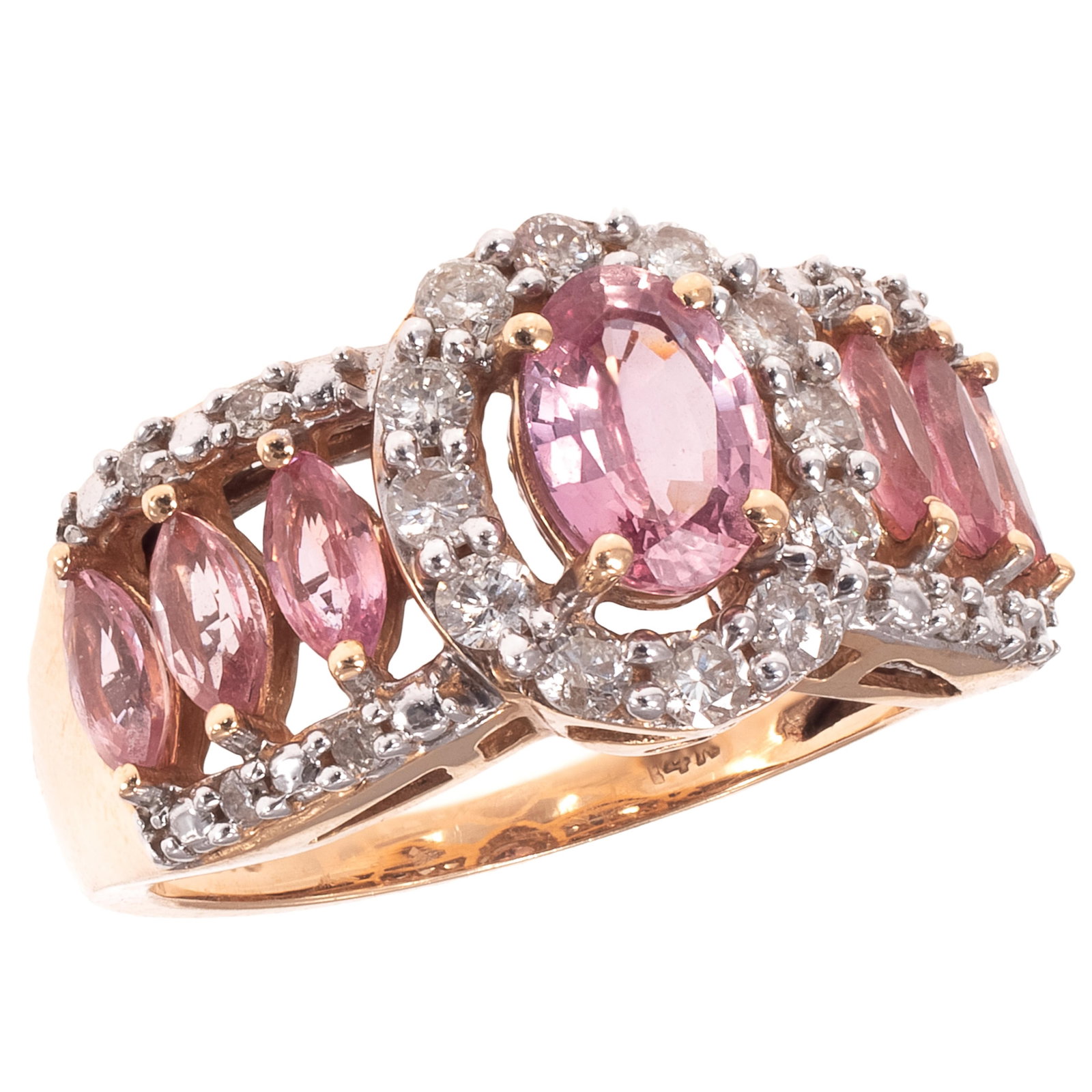 Sapphire, Diamond, 14k Yellow Gold Ring: Sapphire, Diamond, 14k Yellow Gold Ring Centering one oval-cut padparadscha-type sapphire weighing approximately 0.90 ct., accented by six marquise-cut padparadscha-type sapphires weighing a total of 