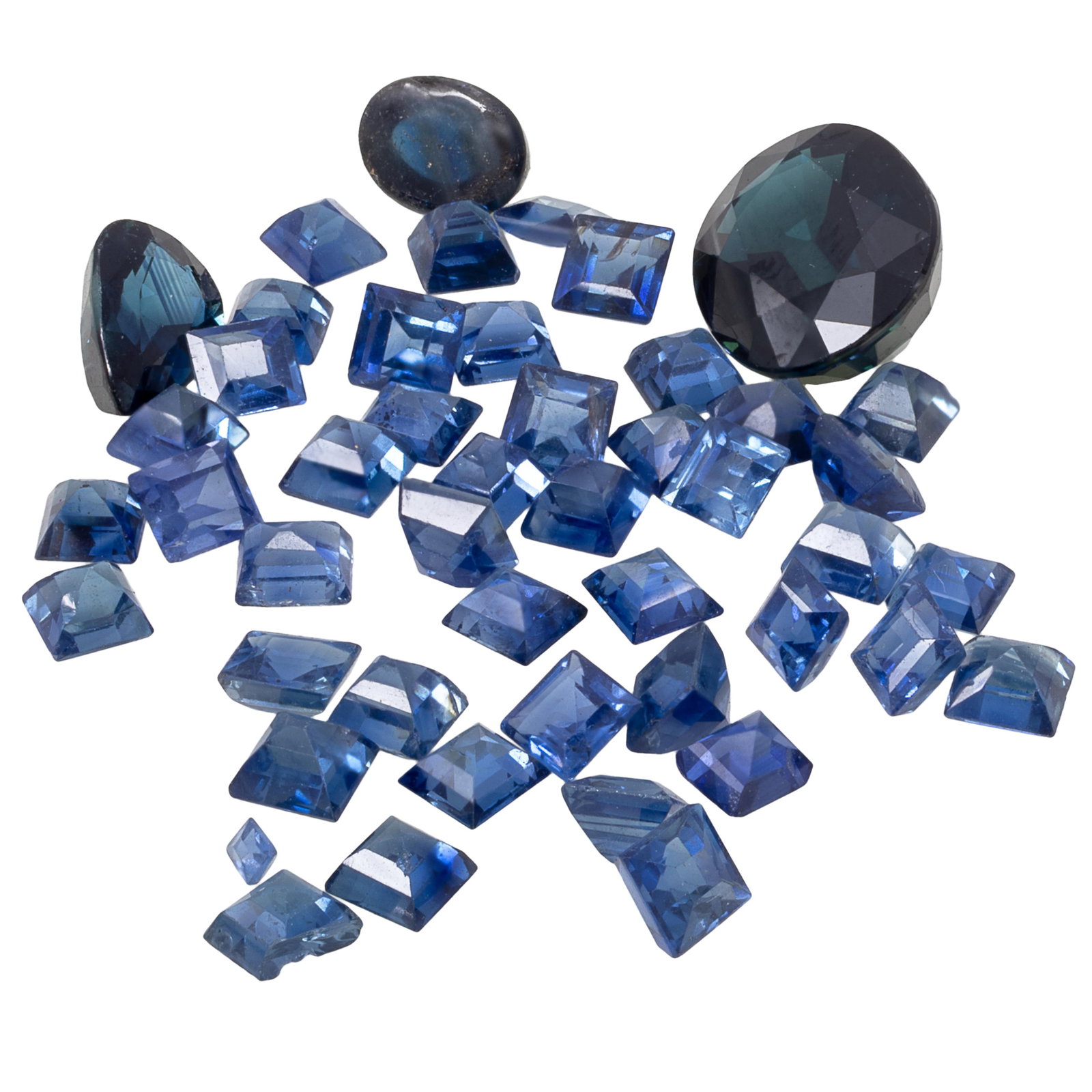 Collection of Unmounted Sapphires: Collection of Unmounted Sapphires Including square, rectangle, pearl oval, and cabochon-cut sapphires measuring from approximately 10.00 x 7.97 mm to 3.10 x 2.58 mm and weighing a total of