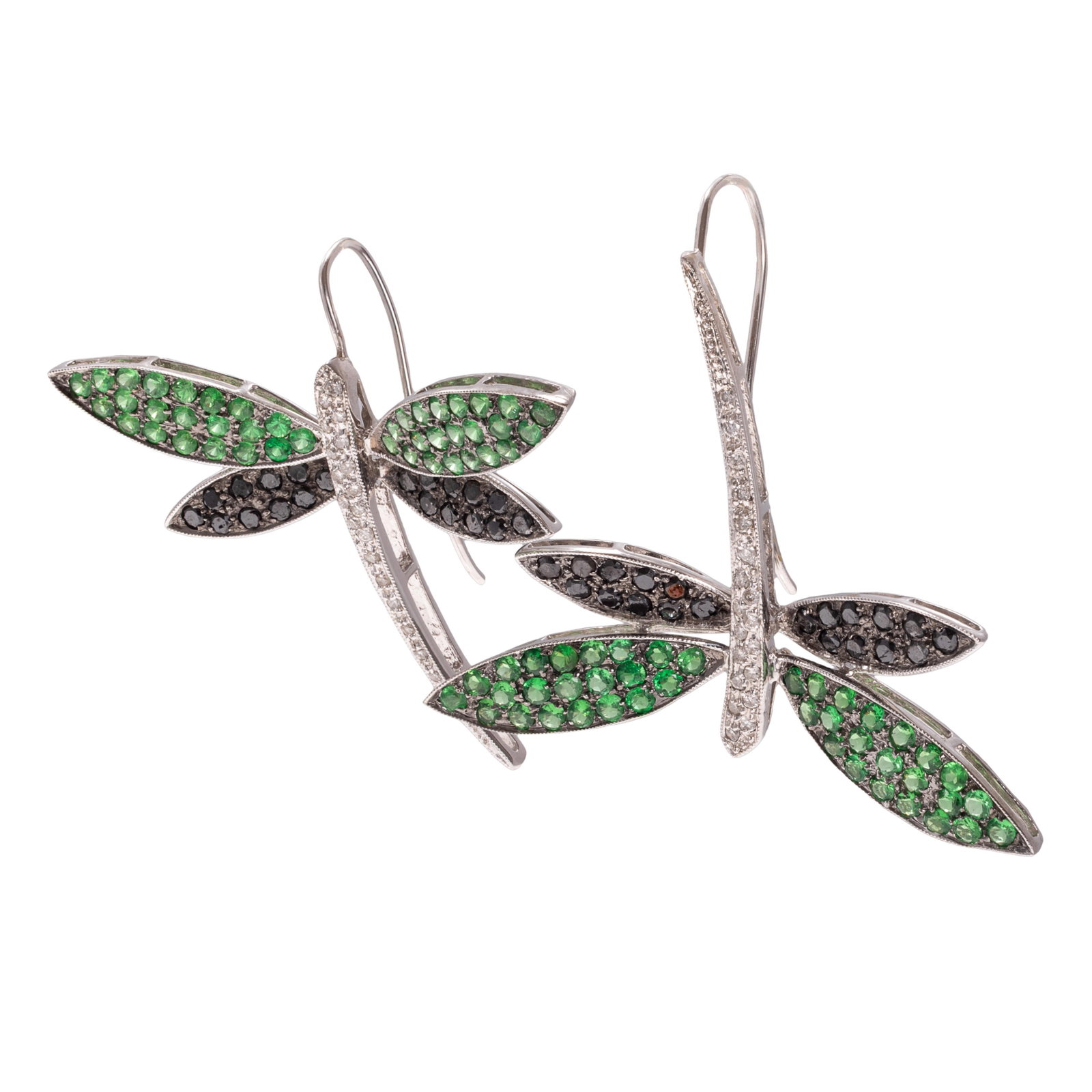Pair of Diamond, Black Diamond, Tsavorite Garnet, 14k Dragonfly Earrings: Pair of Diamond, Black Diamond, Tsavorite Garnet, 14k Dragonfly Earrings Designed as dragonflies, the wings accented by round-cut tsavorite garnets and black diamonds, the body highlighted by