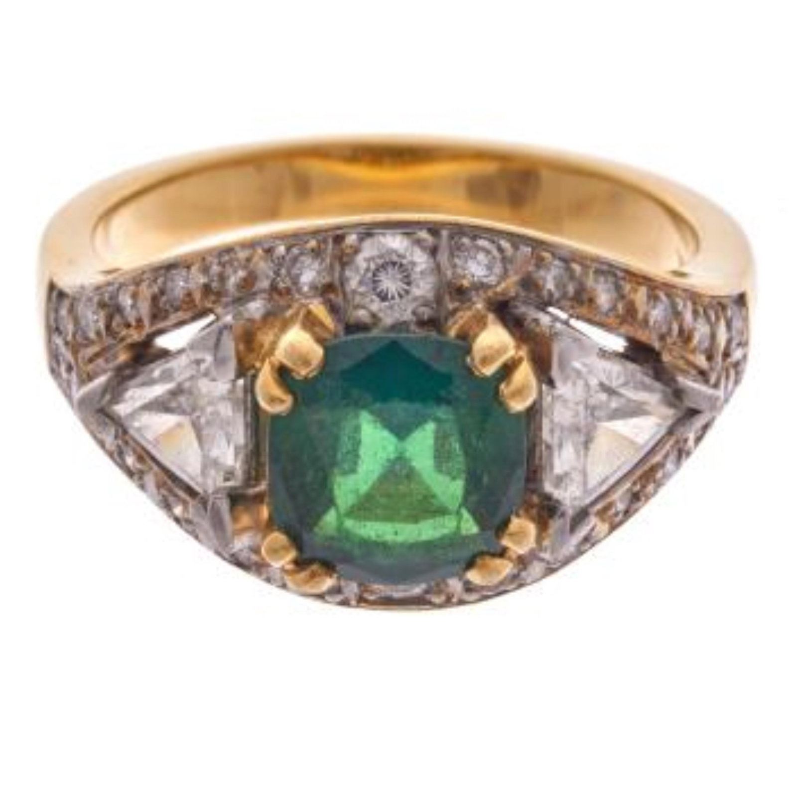 Tsavorite Garnet, Diamond, 18k, Platinum Ring: Tsavorite Garnet, Diamond, 18k, Platinum Ring Centering a cushion-cut tsavorite garnet weighing approximately 1.70 ct., accented by two triangle-cut and twenty-six round brilliant-cut diamonds