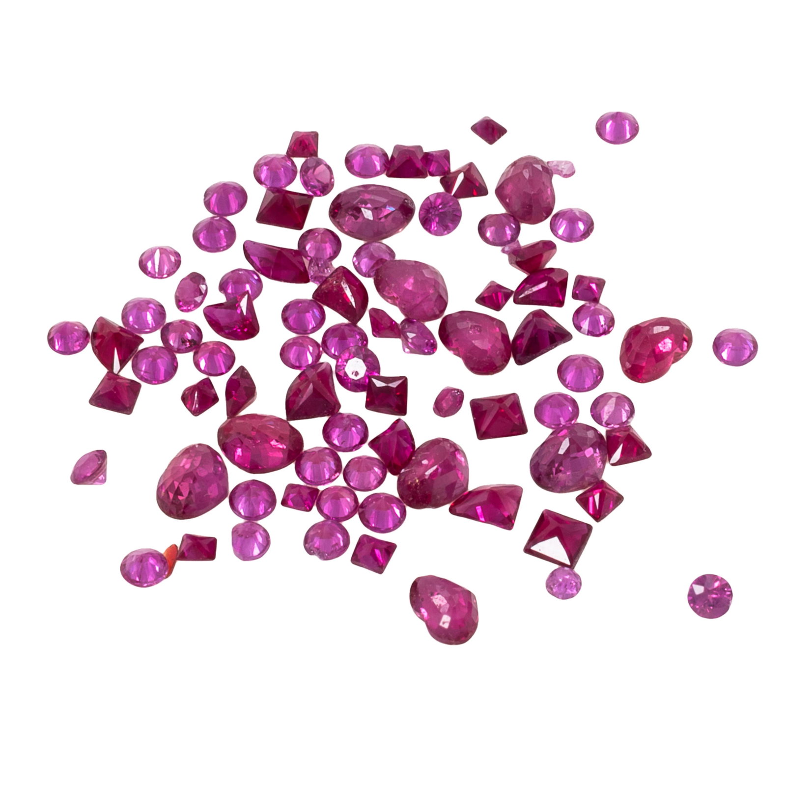 Collection of Unmounted Rubies: Collection of Unmounted Rubies Comprised of unmounted round, heart, and square-shaped unmounted rubies measuring from approximately 4.36 x 3.28 to 1.24 mm, weighing a total of approximately 7.36 cttw.
