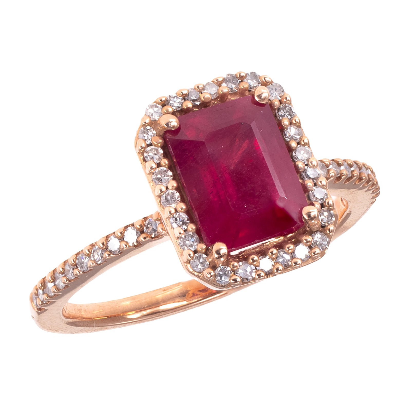 Ruby, Diamond, 14k Rose Gold Ring: Ruby, Diamond, 14k Rose Gold Ring Centering one rectangular step-cut ruby weighing approximately 2.65 ct., accented by forty-six single-cut diamonds weighing a total of approximately 0.32 cttw., set i