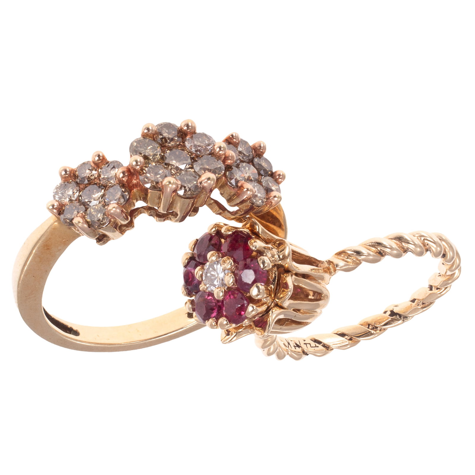 Two Diamond, Ruby, 14k Yellow Gold Flower Rings (1 of 5)