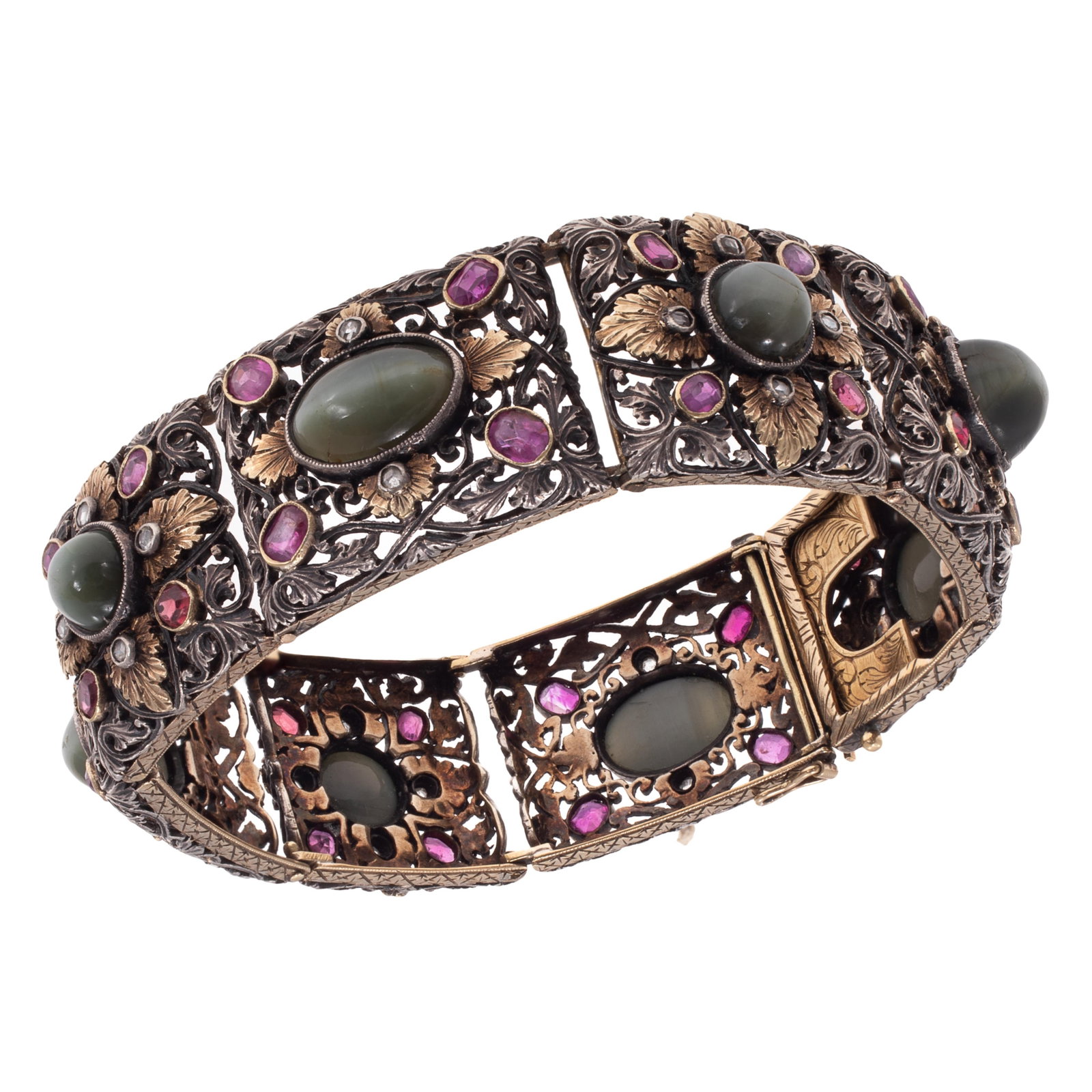 Renaissance Revival Cat's Eye Chrysoberyl, Diamond, Ruby, 14k, Silver Bracelet (1 of 4)
