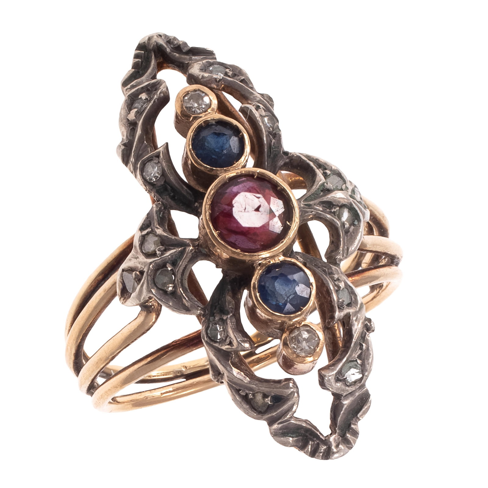 Diamond, Ruby, Sapphire, 18k, Silver Ring: Diamond, Ruby, Sapphire, 18k, Silver Ring Centering one round-cut ruby weighing approximately 0.30 ct., flanked by two round-cut sapphires weighing a total of approximately 0.20 cttw., accented by
