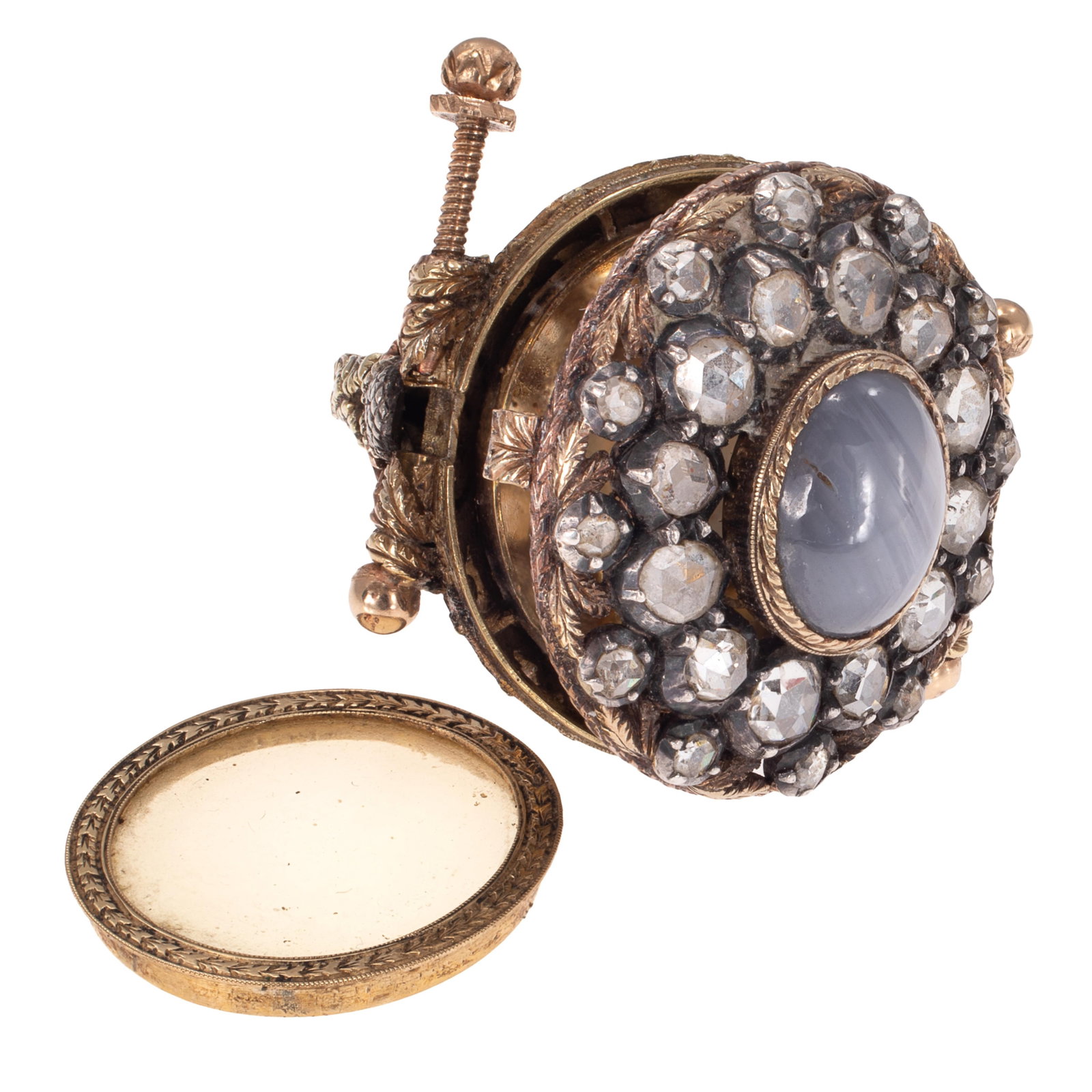 Star Sapphire, Diamond, 14k 'Poison' Ring: Star Sapphire, Diamond, 14k 'Poison' Ring Centering one oval-cut star sapphire cabochon measuring approximately 9.65 x 7.74 mm, accented by thirty-six silver-set, rose-cut diamonds mounted in 14k
