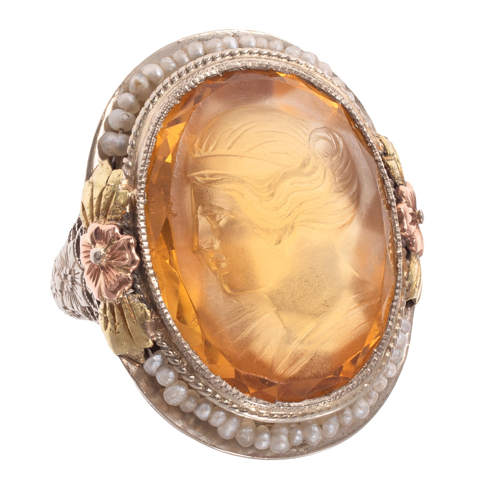 Art Deco Citrine Intaglio, Seed Pearl, 14k Ring: Art Deco Citrine Intaglio, Seed Pearl, 14k Ring Centering an oval citrine intaglio depicting a beauty in profile, encircled by seed pearls and highlighted by rose and green gold florets, set in a 14k