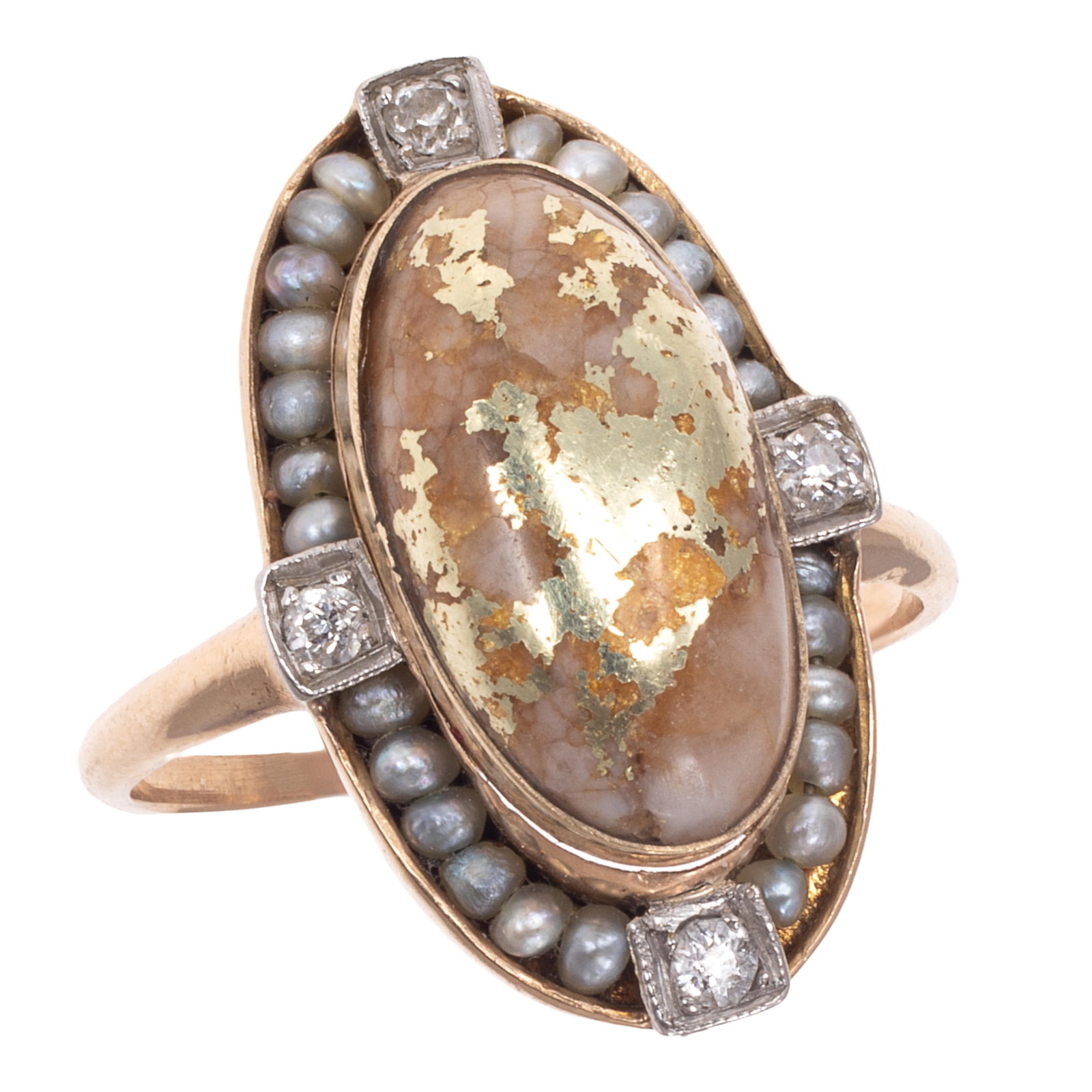 Art Deco Gold-in-Quartz, Diamond, Seed Pearl, 14k Ring: Art Deco Gold-in-Quartz, Diamond, Seed Pearl, 14k Ring Centering one oval gold-in-quartz cabochon measuring approximately 14.6 x 8.2 mm, accented by four full-cut diamonds and framed by seed pearls, s