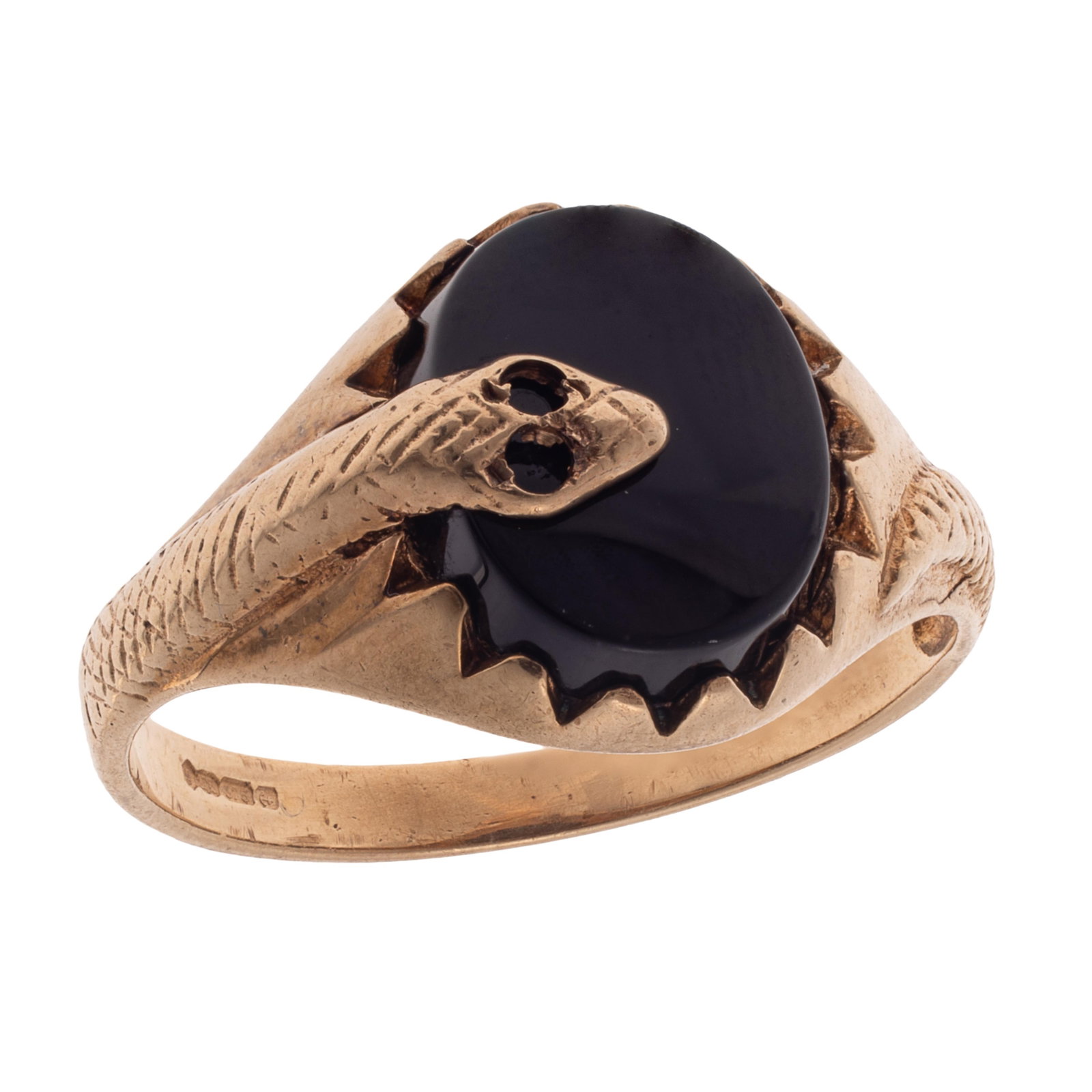 Art Deco Onyx, 9k Yellow Gold Snake Ring (1 of 5)